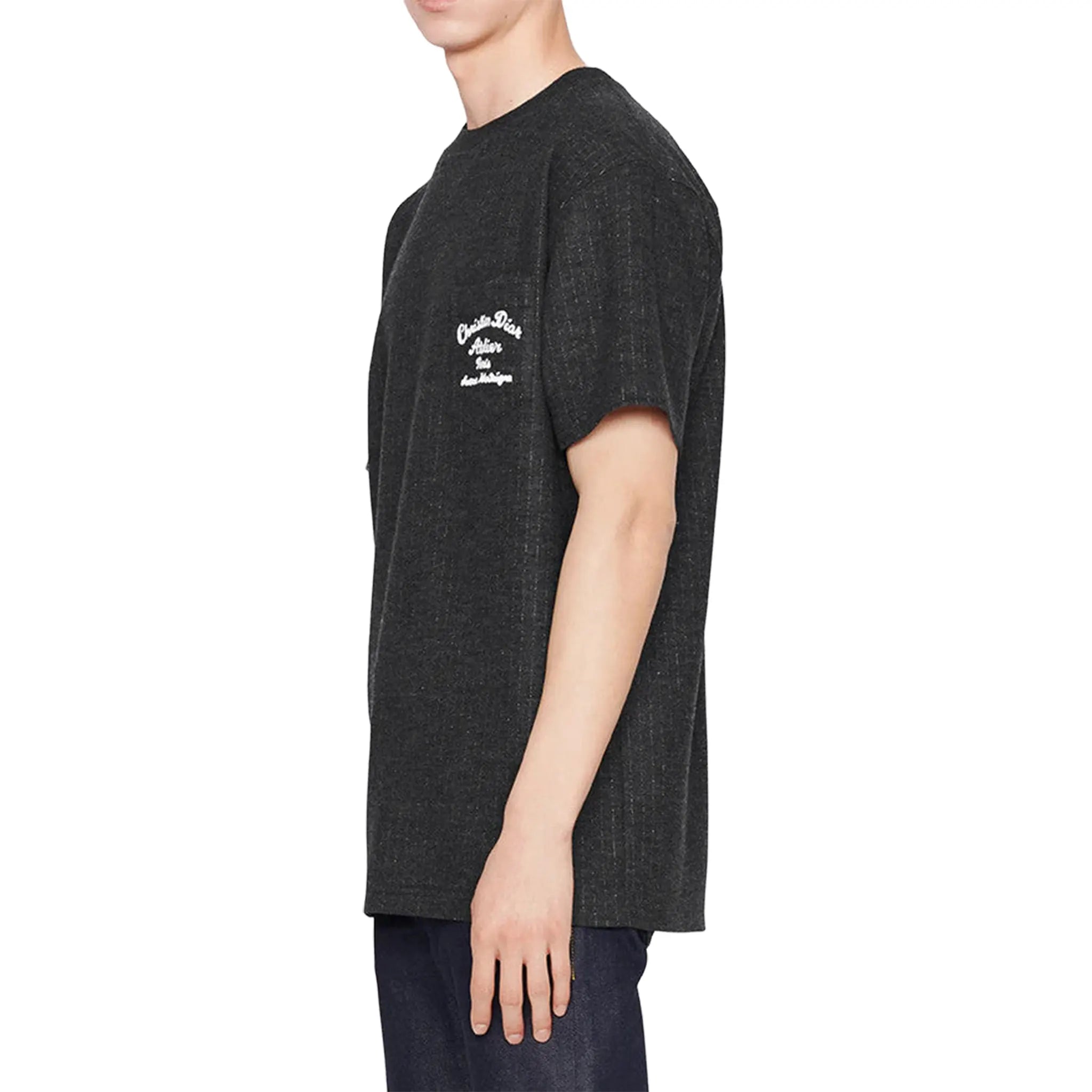 Side View of Dior Atelier Striped Chest Logo Dark Grey T Shirt 213J637A0739_C870