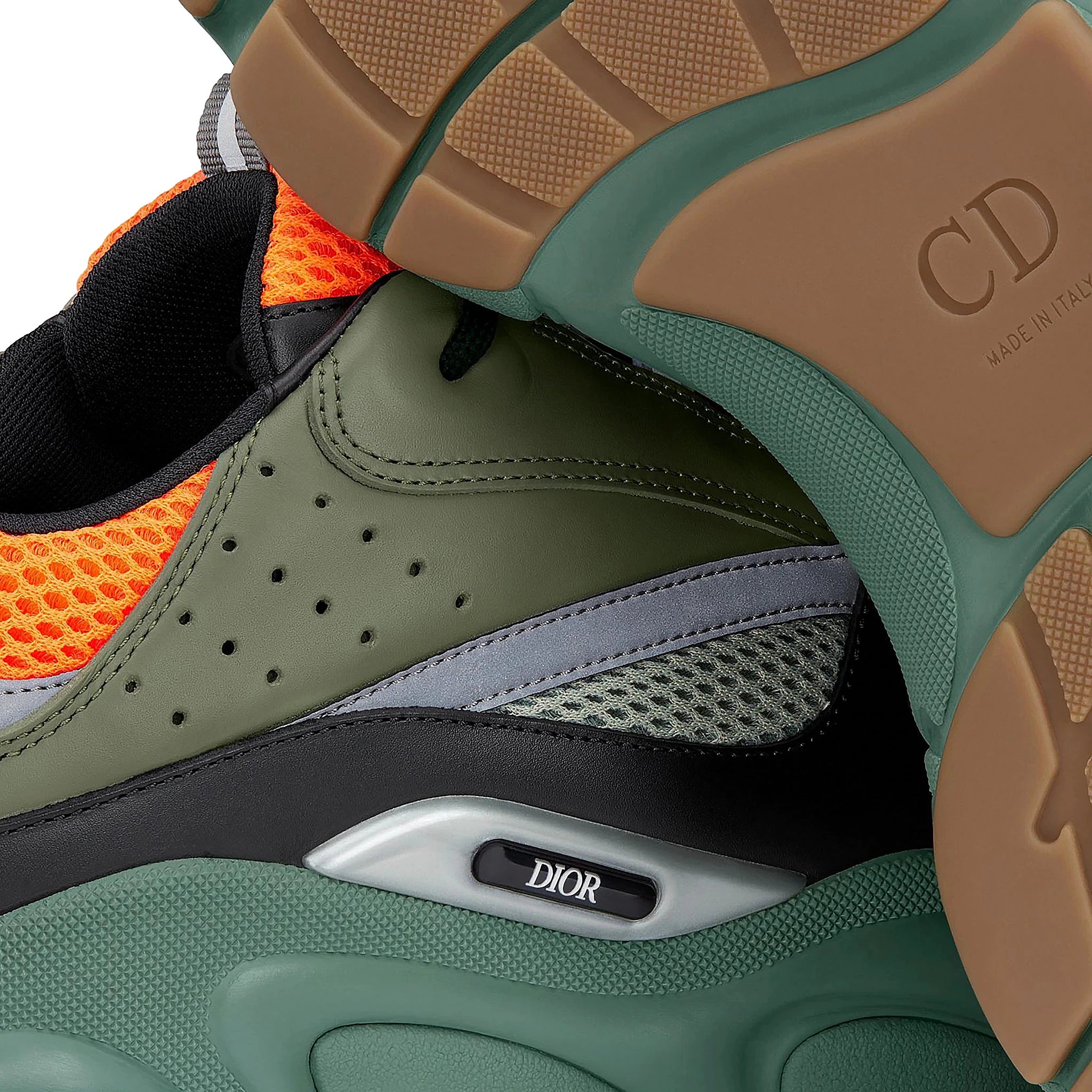 Detail view of Dior B22 Orange Olive Black Trainer 3SN231YKC_H662