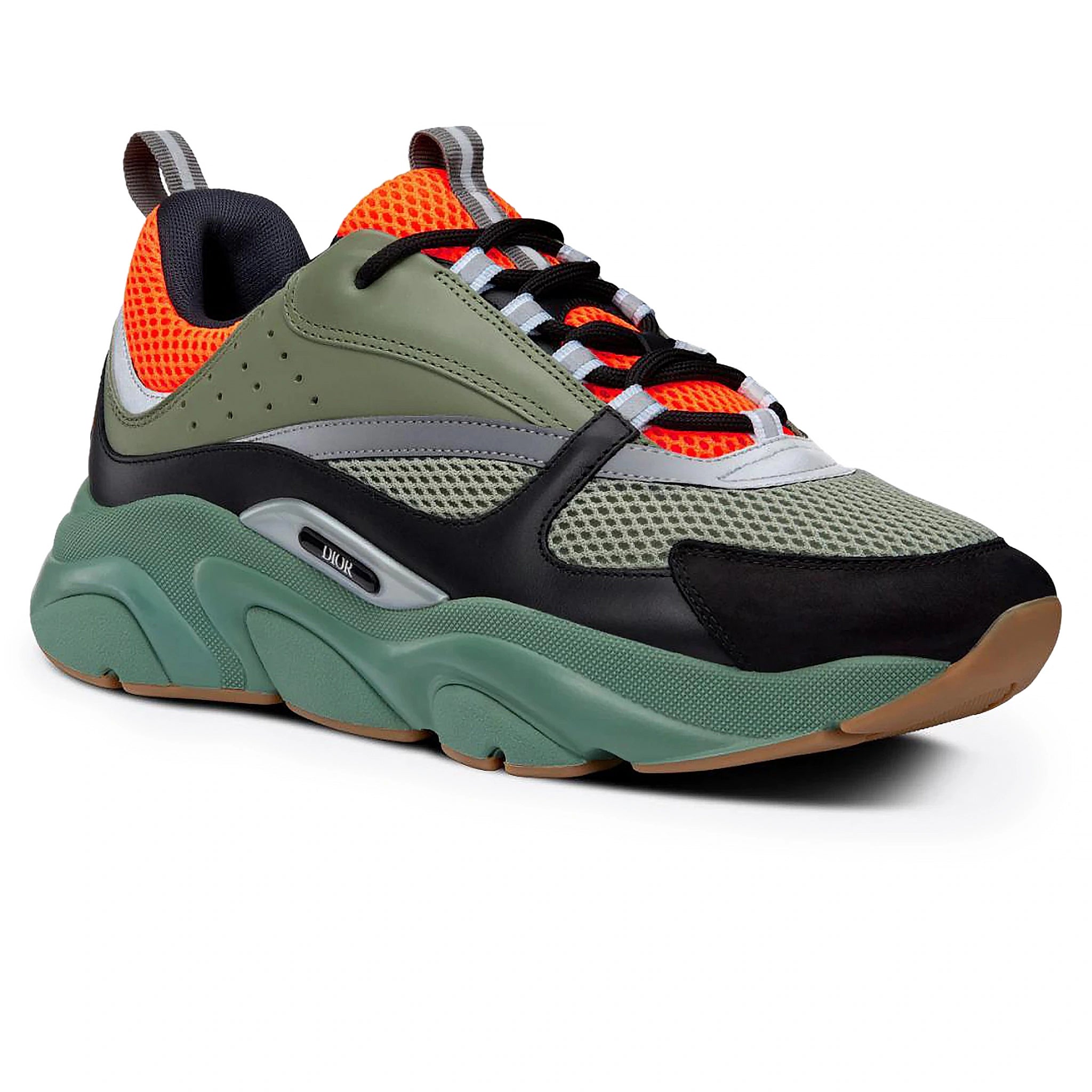 Front side view of Dior B22 Orange Olive Black Trainer 3SN231YKC_H662