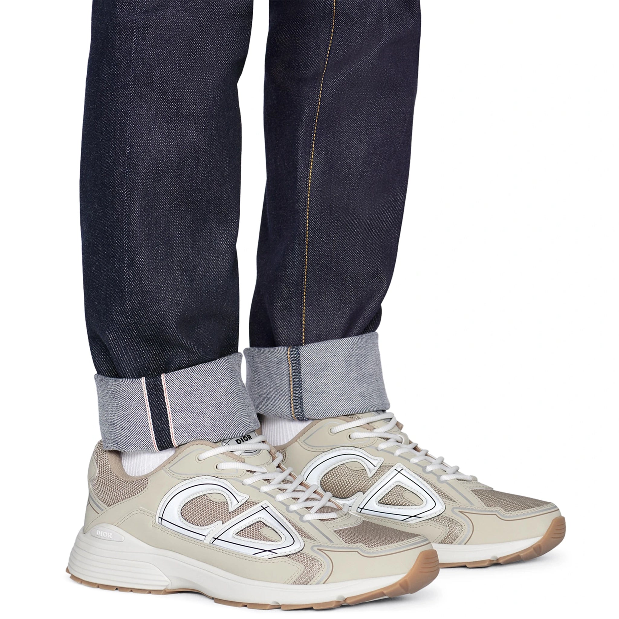 Model side view of Dior B30 Mesh Cream Trainer 3SN279ZMA_H161