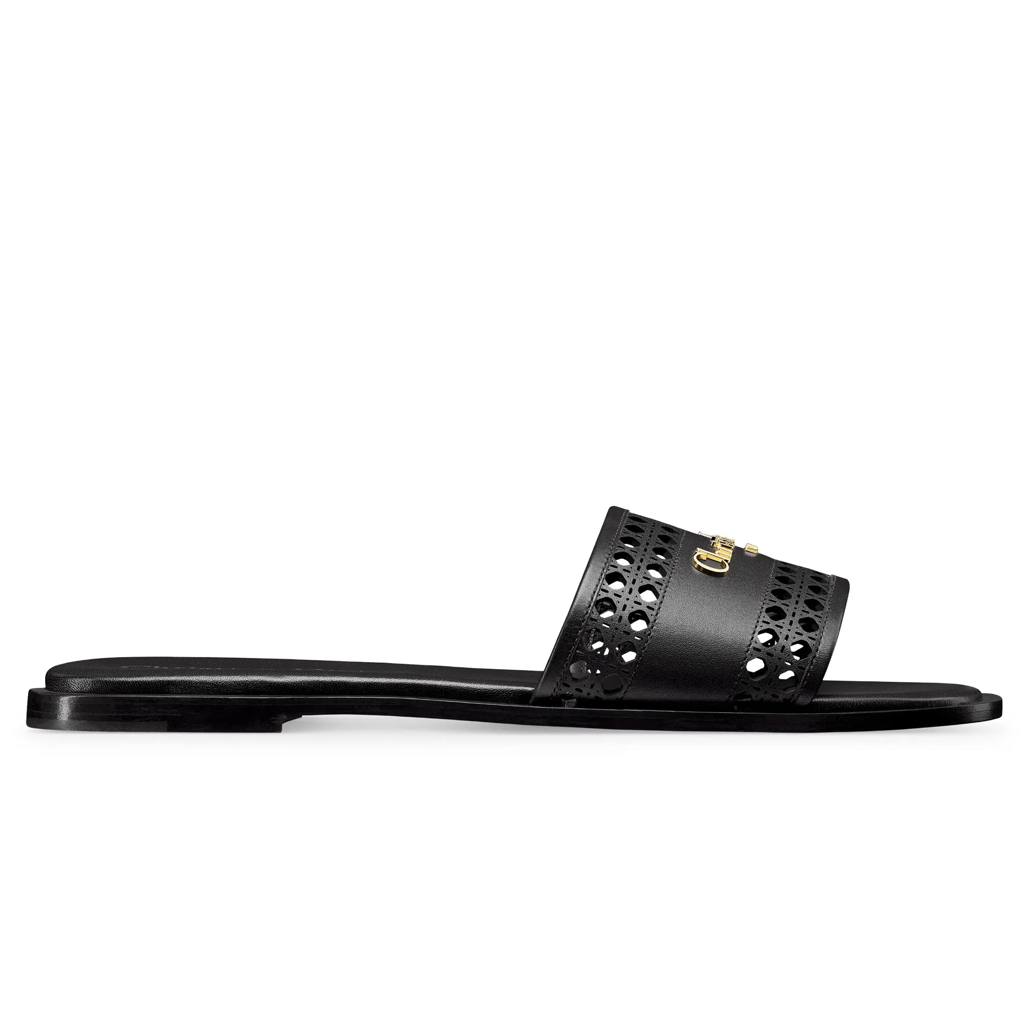 Side View of Dior D-Lane Openwork Microcannage Motif Calfskin Black Slides KCO157MLC_S900