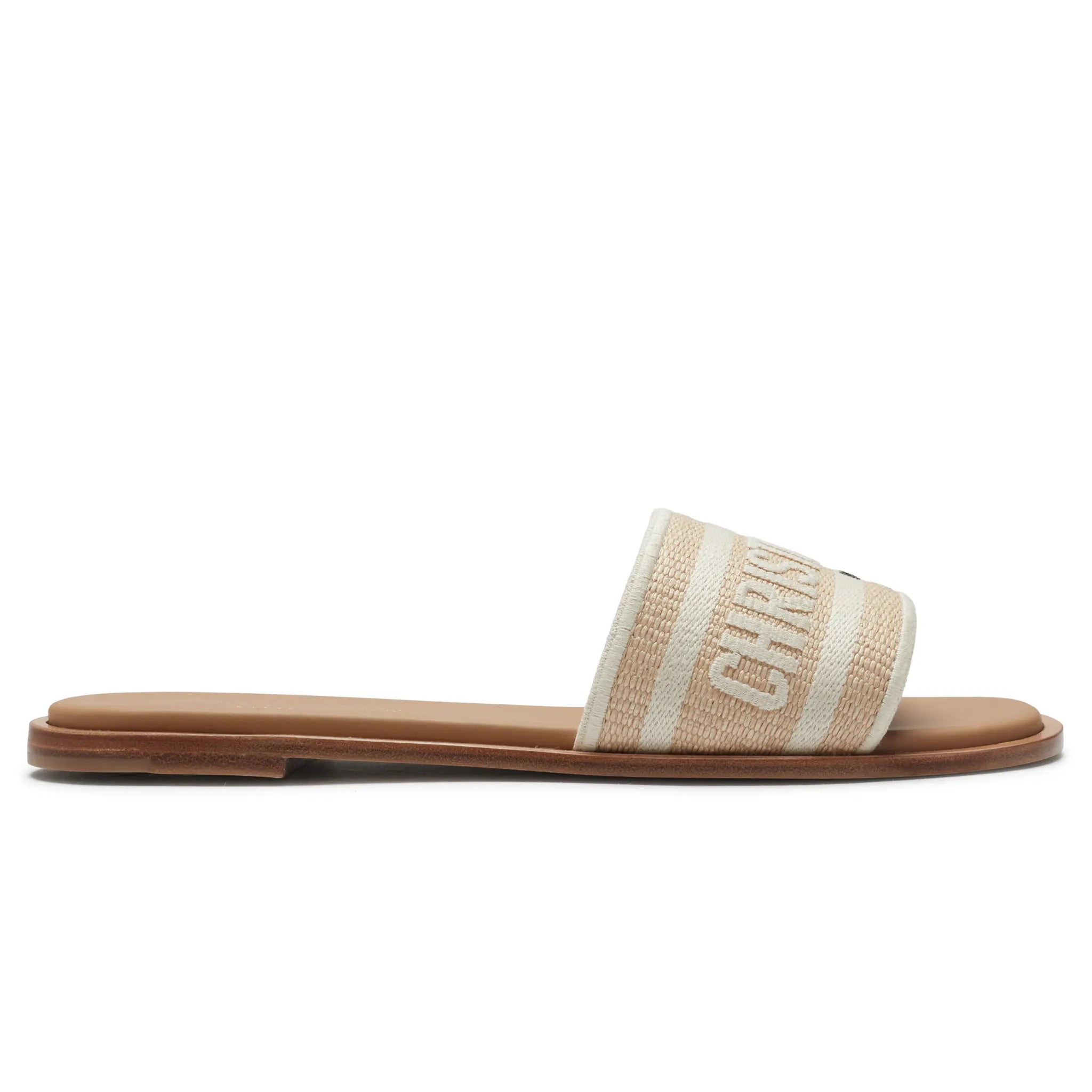 Side View of Dior Dway Embroidered Cotton Beige Slides
