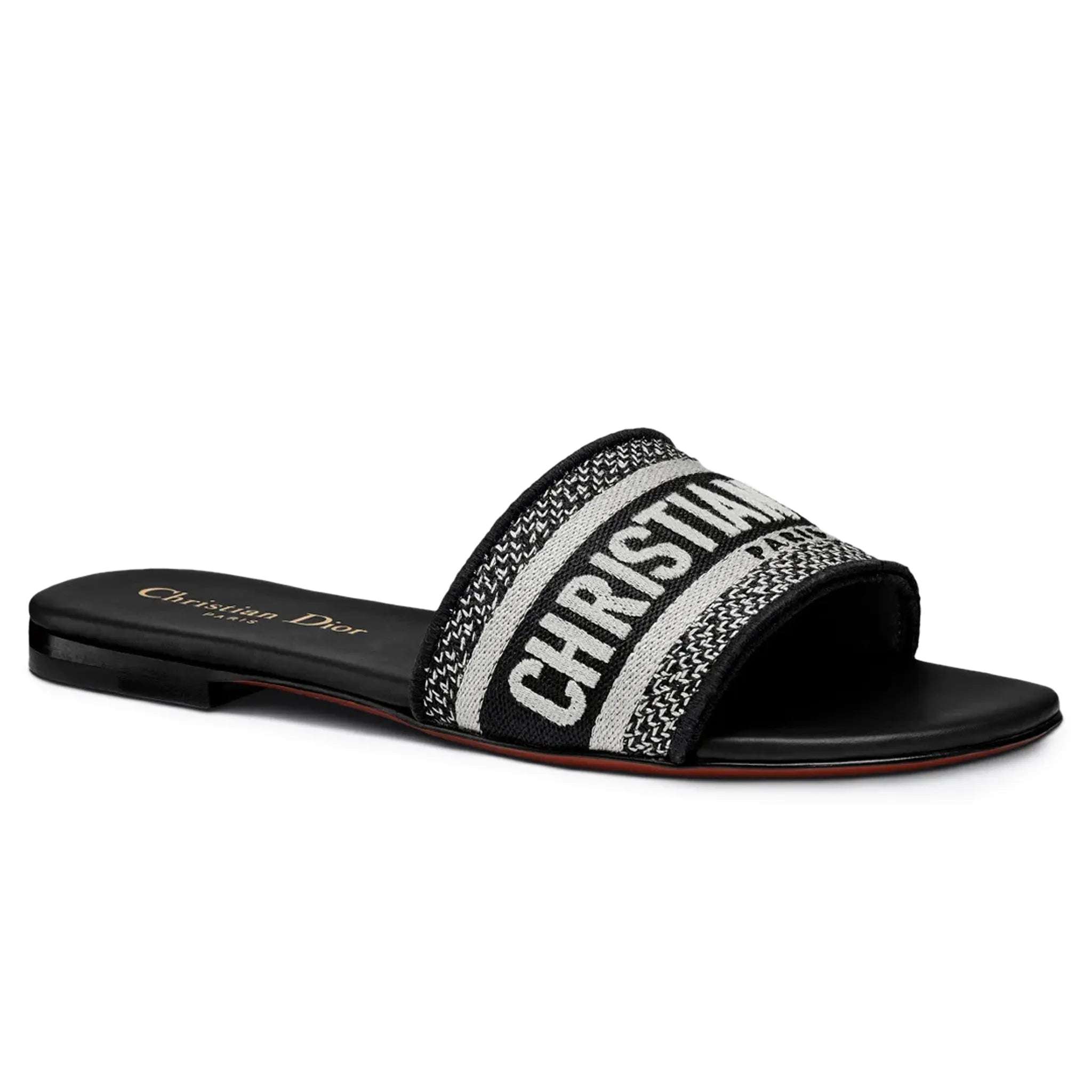 Front Side View of Dior Dway Embroidered Cotton Black White Slides KCQ166ERC_S11X