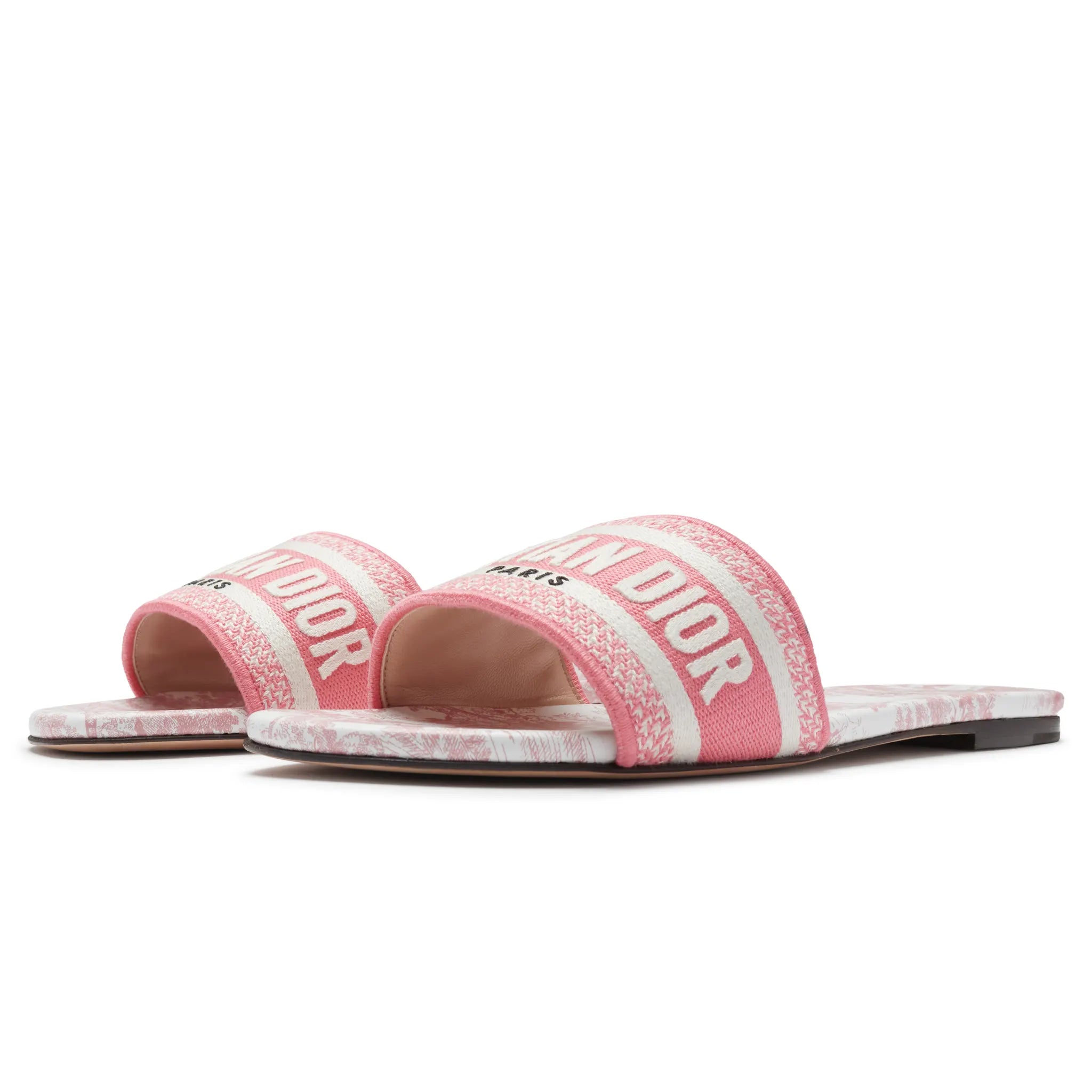 Front Side View of Dior Dway Embroidered Cotton Candy Pink Slides