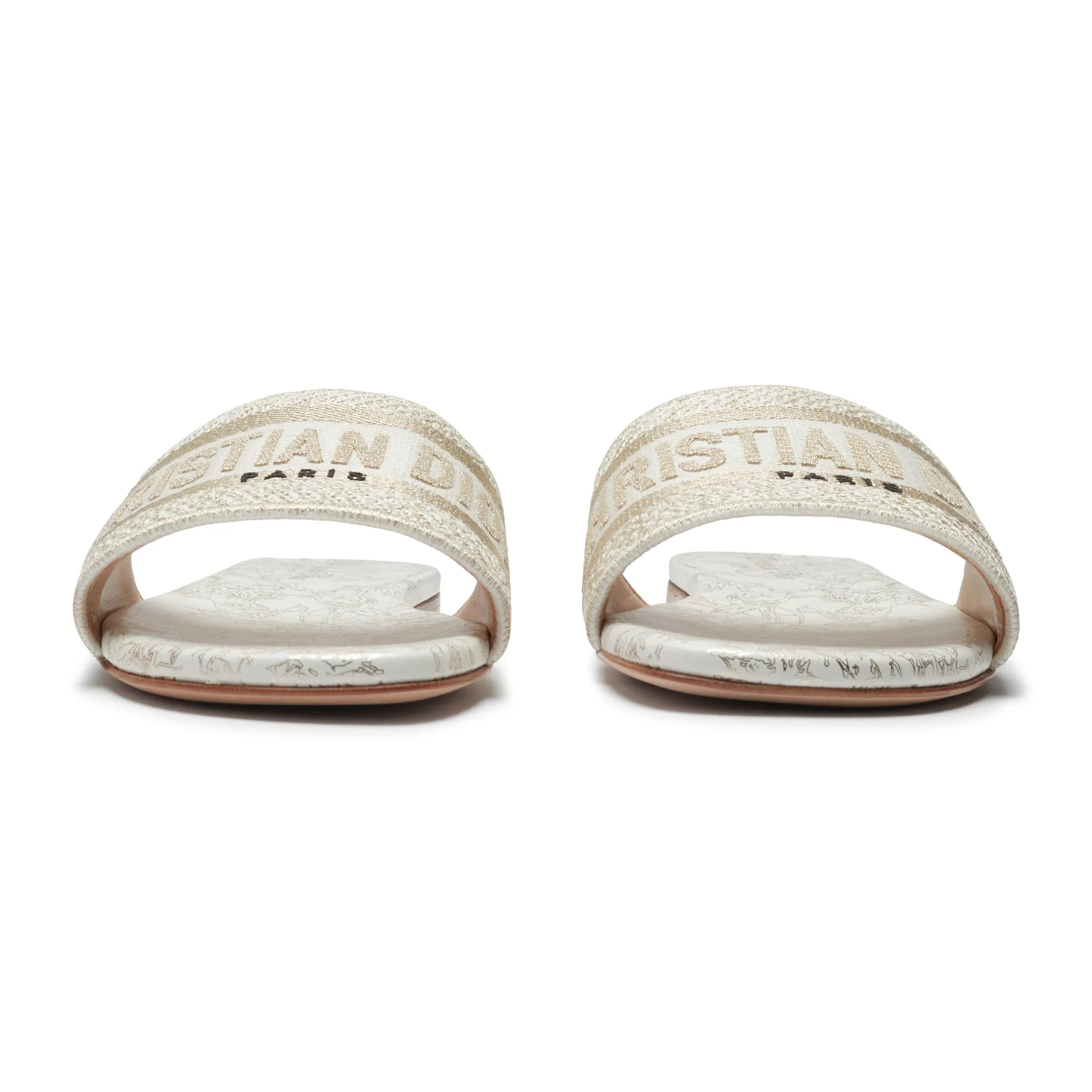 Front View of Dior Dway Embroidered Cotton Gold White Slides