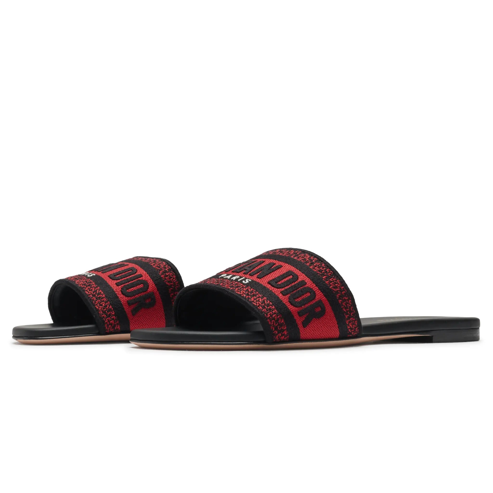 Front Side View of Dior Dway Embroidered Cotton Red Black Slides