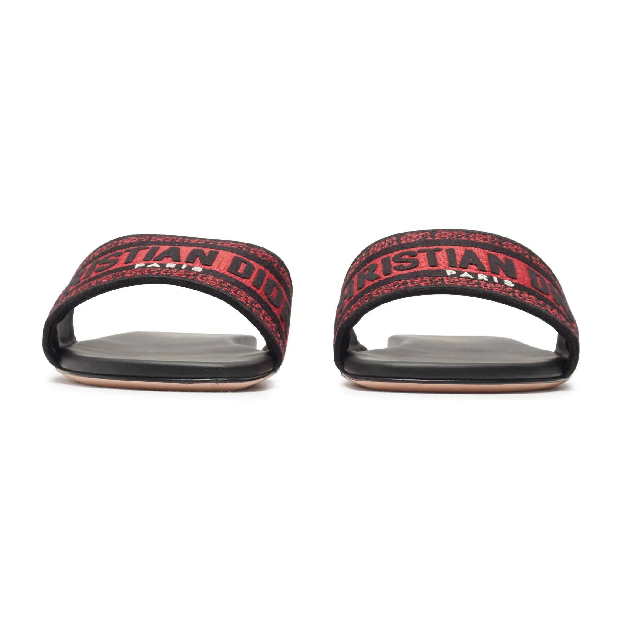 Front View of Dior Dway Embroidered Cotton Red Black Slides