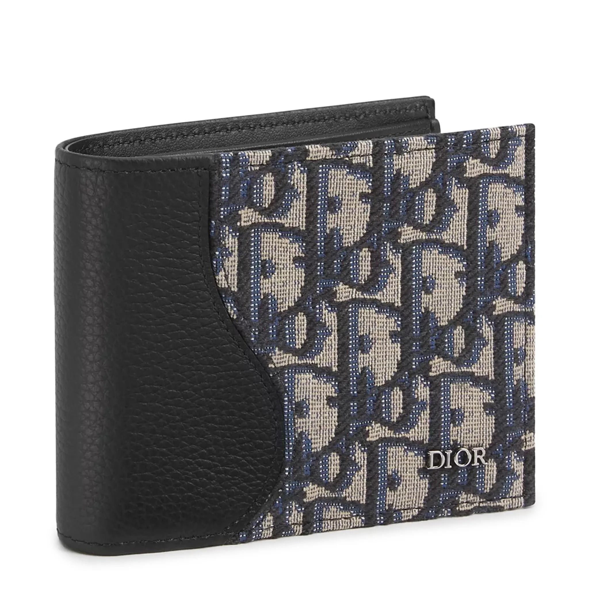 Front Side View of Dior Grained Calfskin Marquetry Black and Beige Saddle Bifold Wallet 2ADBH076YKS_H05E