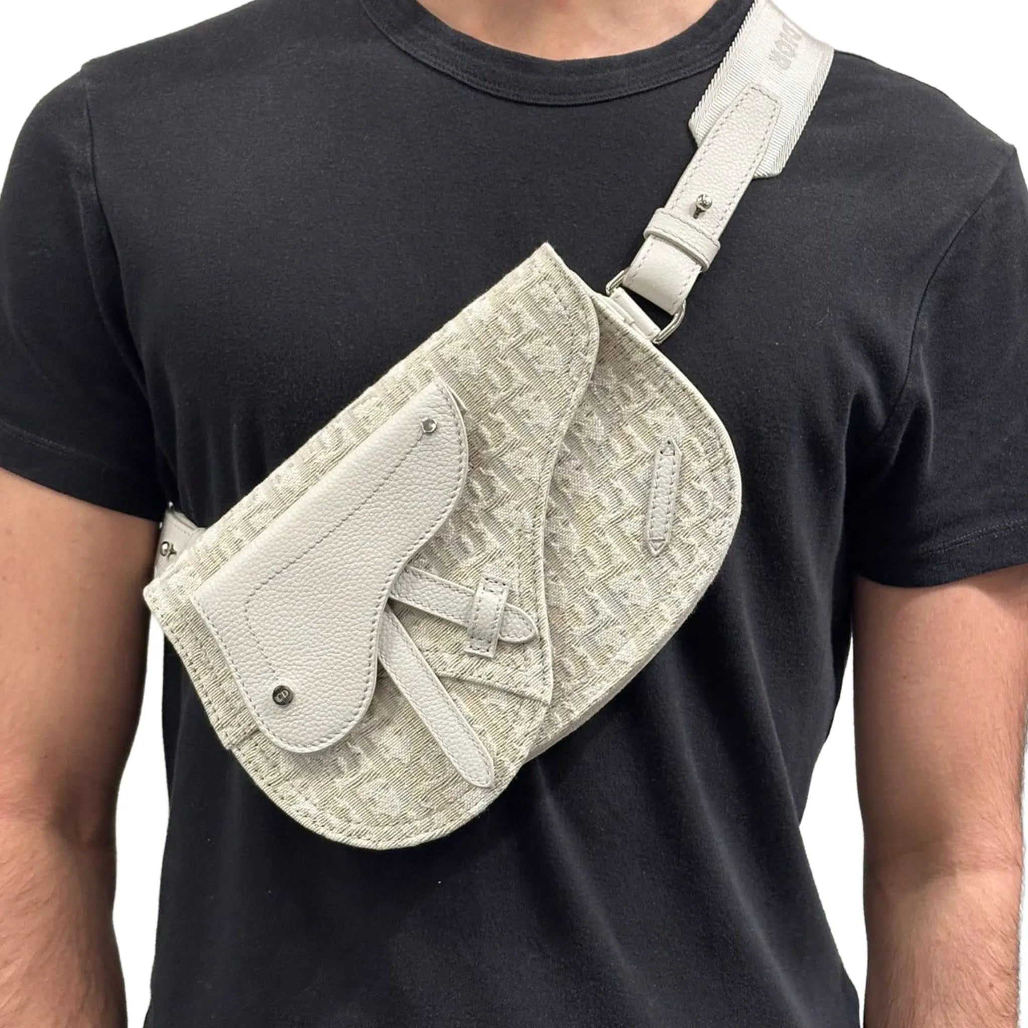 Model View of Dior Oblique Canvas Saddle Messenger Bag Beige