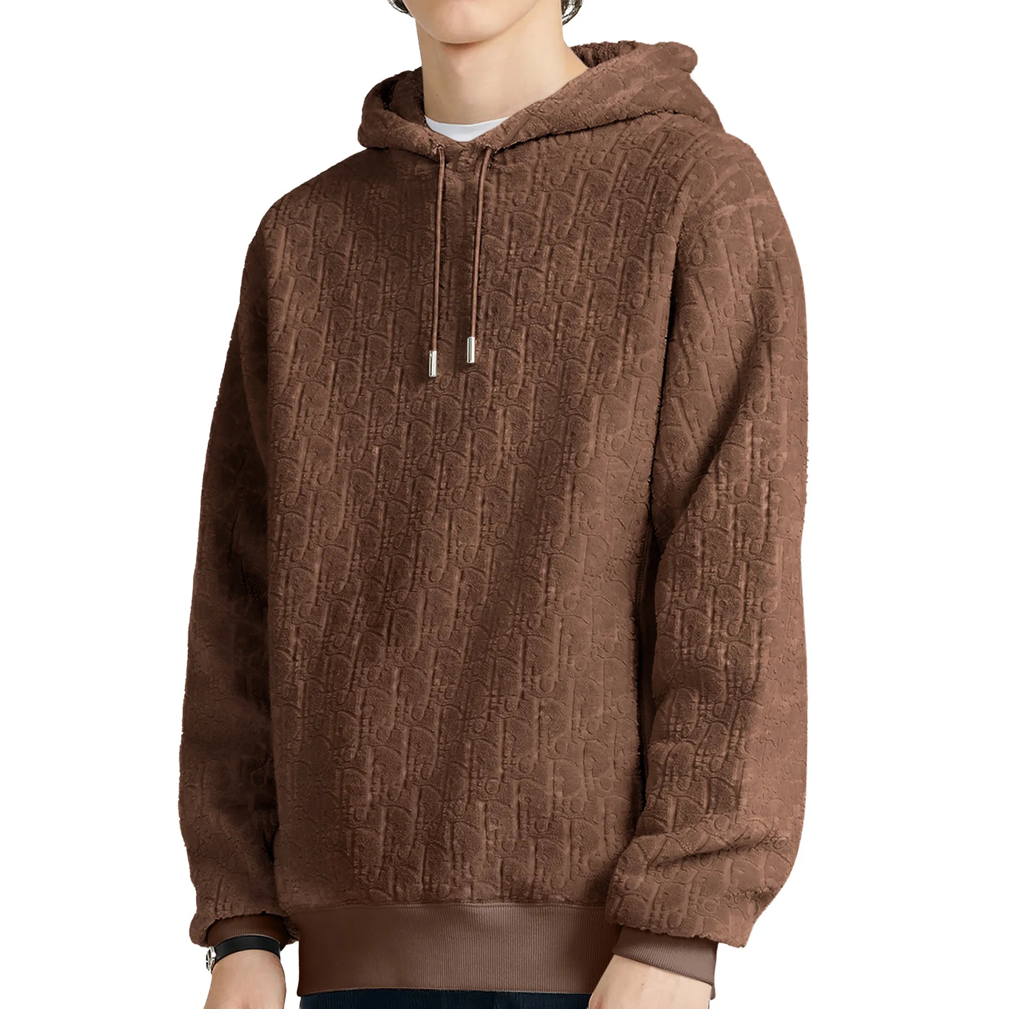 Front Side View of Dior Oblique Towelling Terry Brown Hoodie 113J631A0684_C777