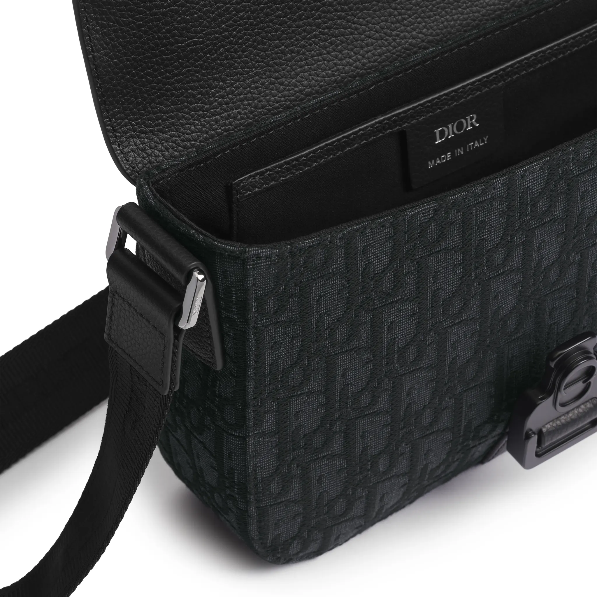 Front Side View of Dior Small Saddle Messenger Bag Black With Flap