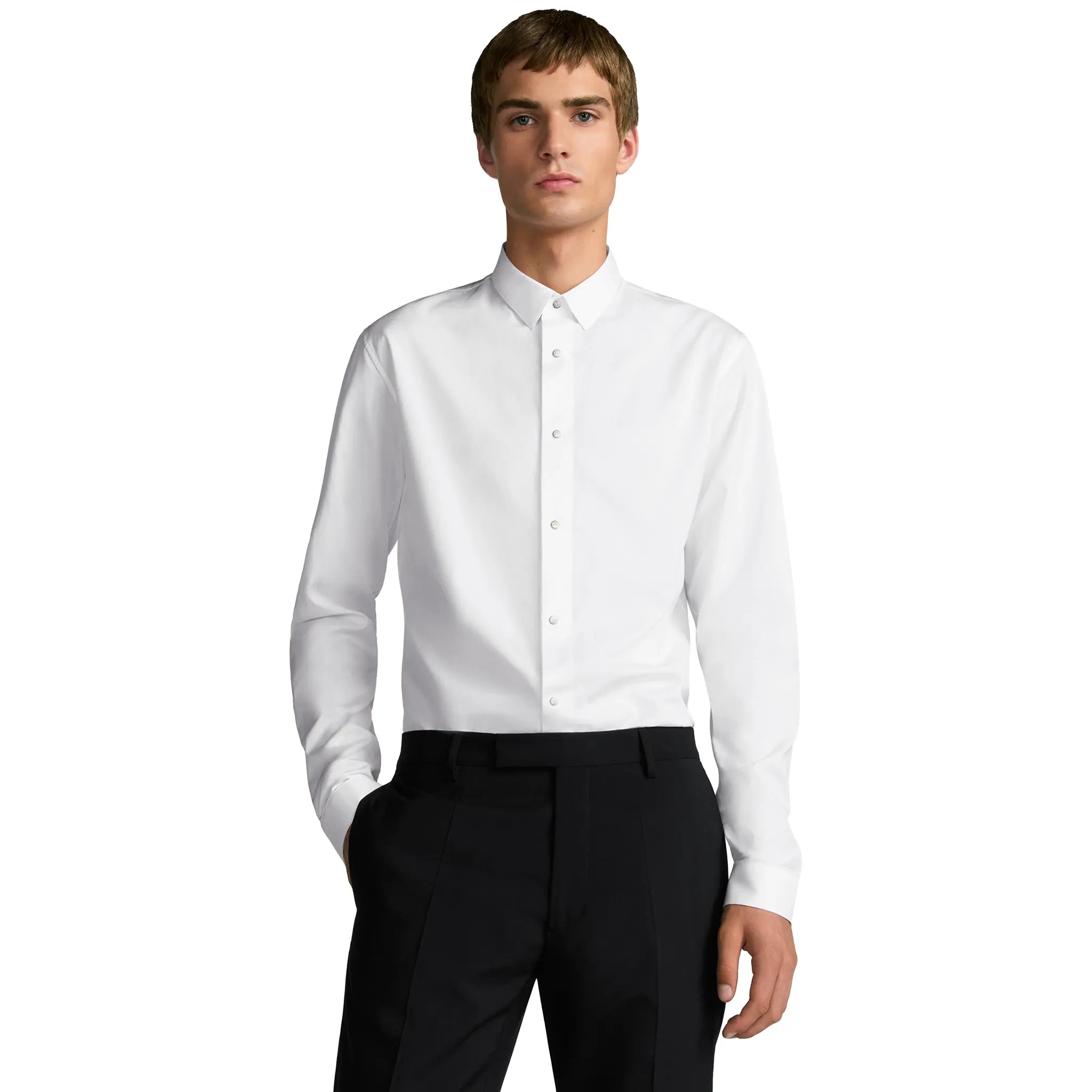 Model View of Dior Snaps Poplin Cotton White Shirt 433C561A1581_C000
