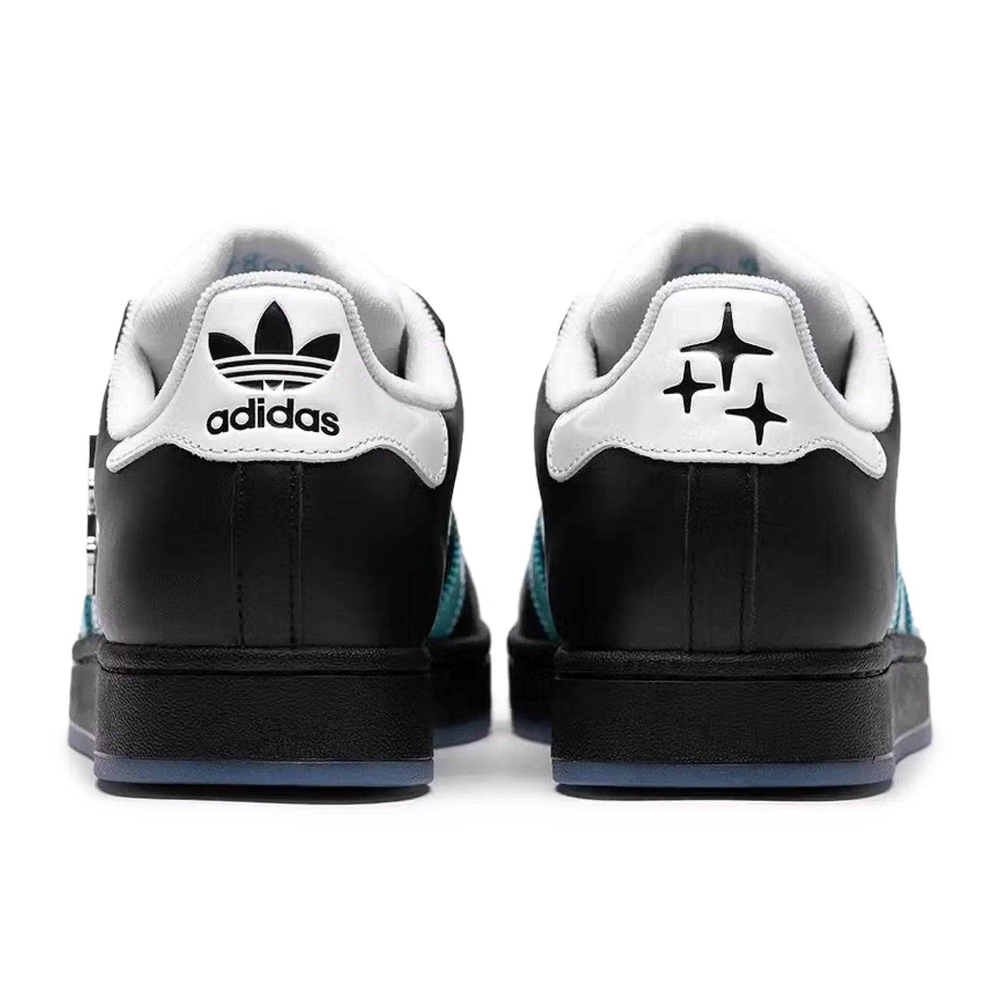 Heel view of Drama Call x Adidas Superstar II Black Metrolink Blue
