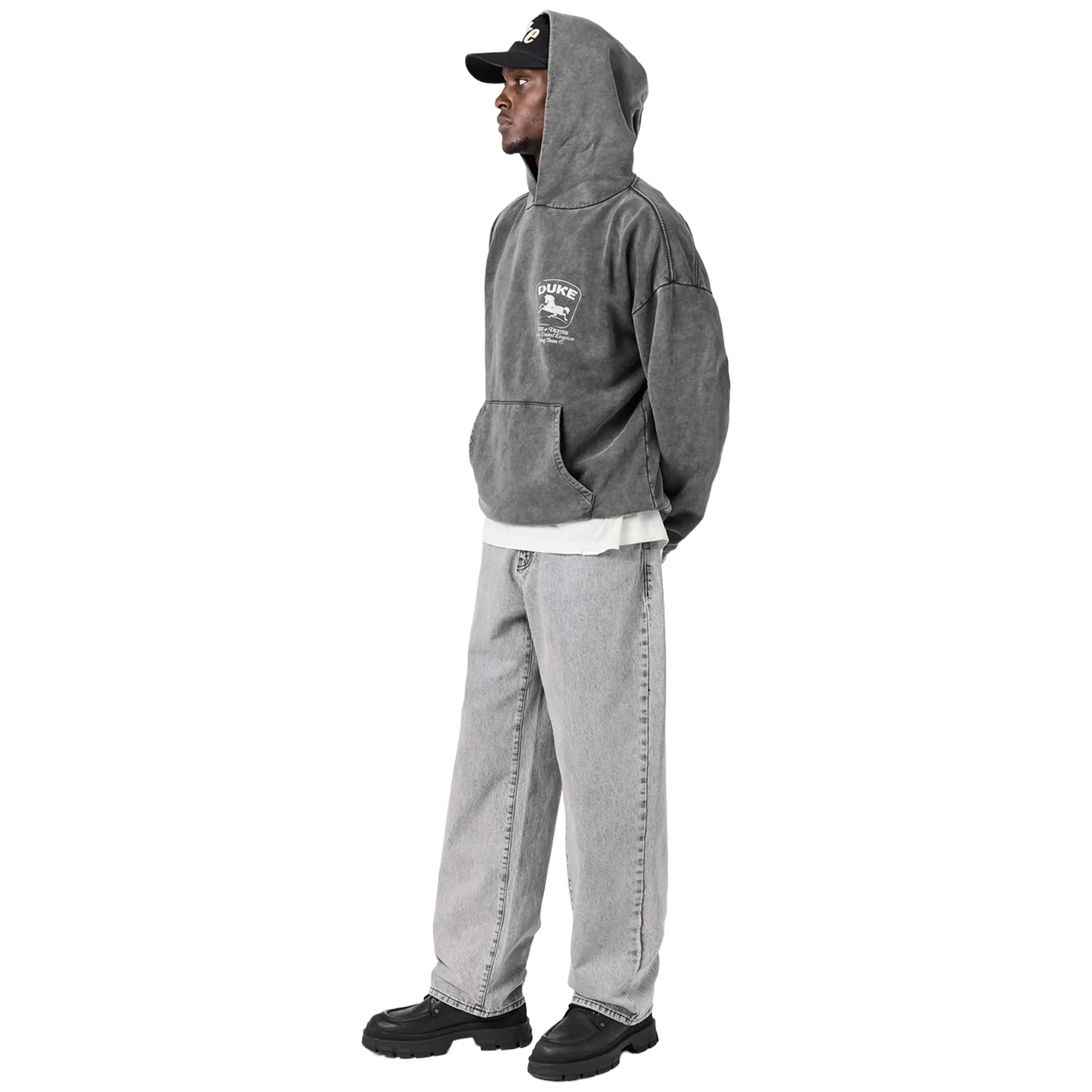 Front Side View of Duke + Dexter DkeDex Sponsors Vintage Black Hoodie