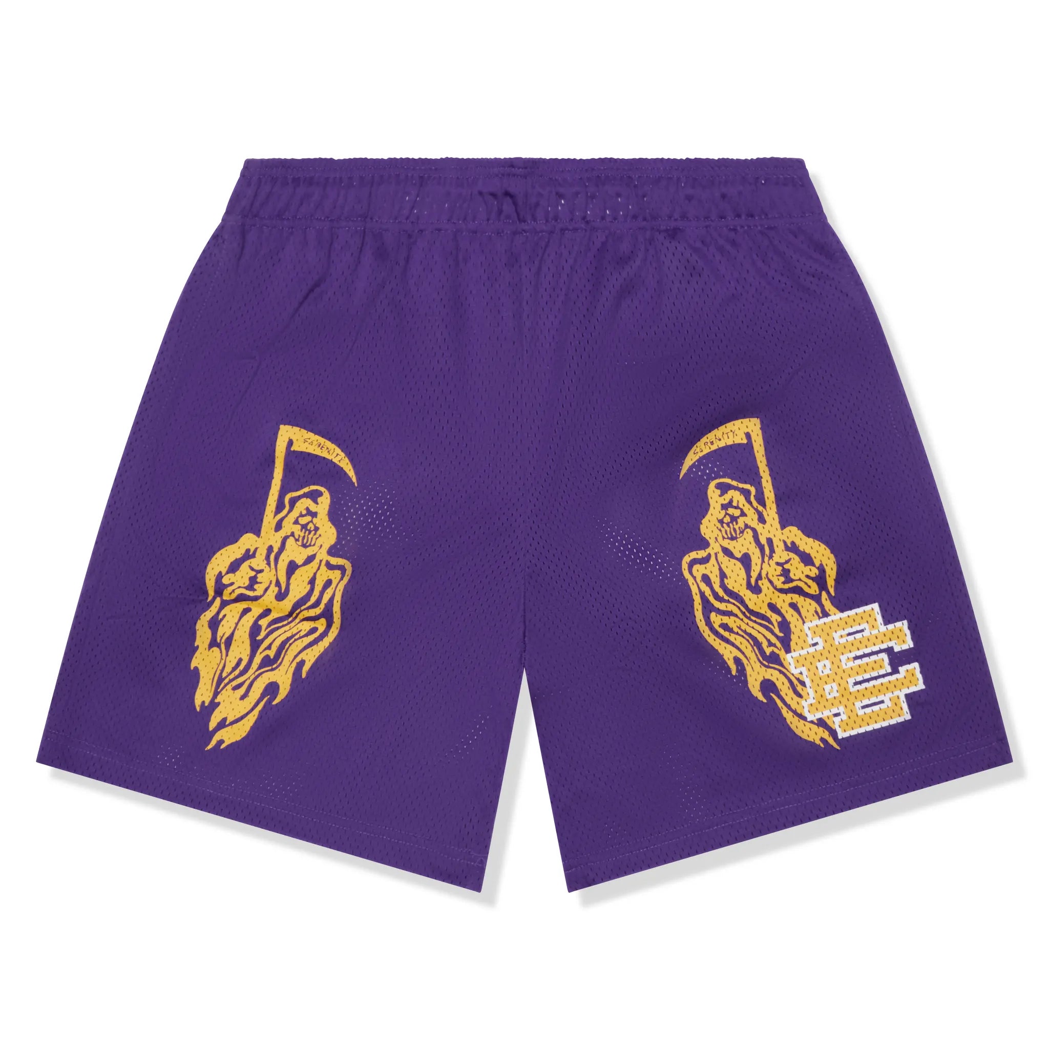 Front View of Eric Emanuel x Warren Lotas Purple Yellow Shorts (FW24)