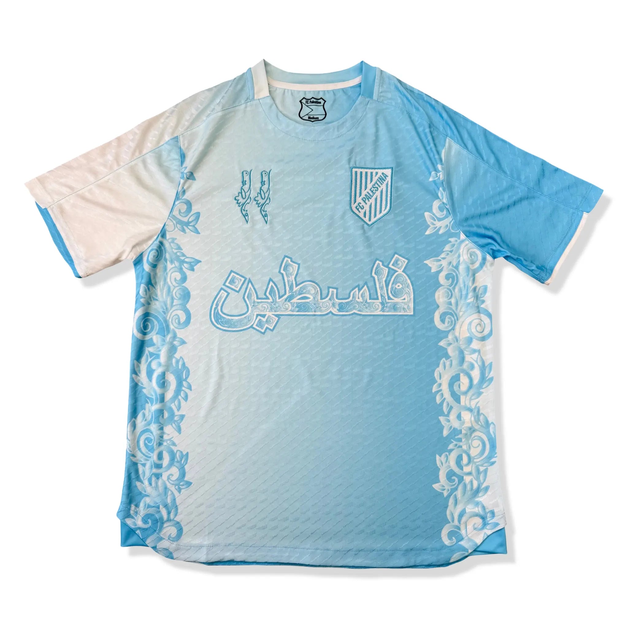 Front View of FC Palestina x Farrah Azam Sky Blue T-Shirt