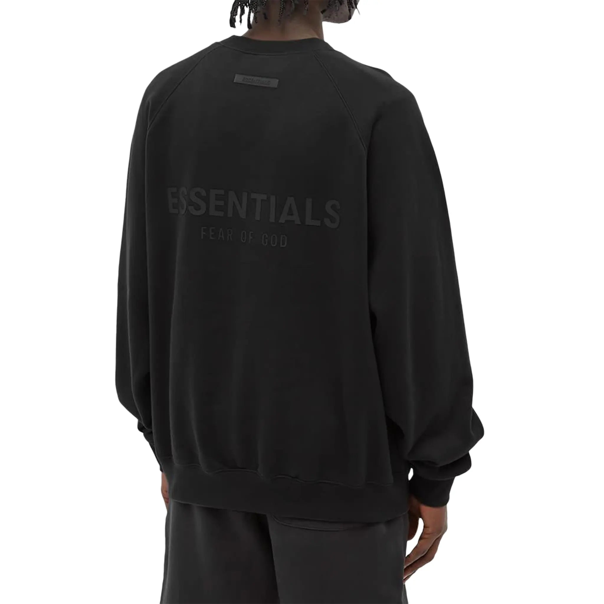 Model back view of Fear of God Essentials Black Crewneck (SS21)