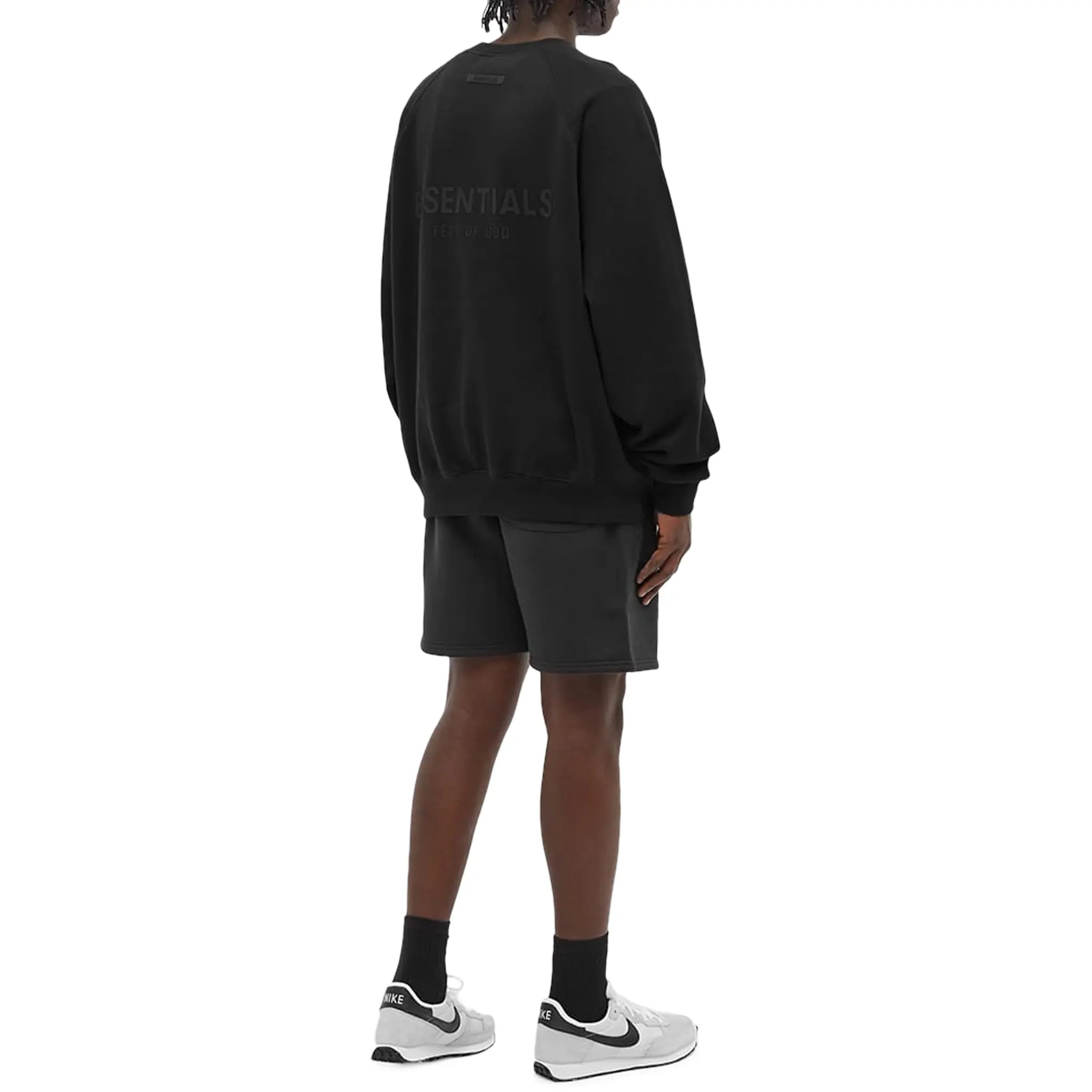 Model back view of Fear of God Essentials Black Crewneck (SS21)