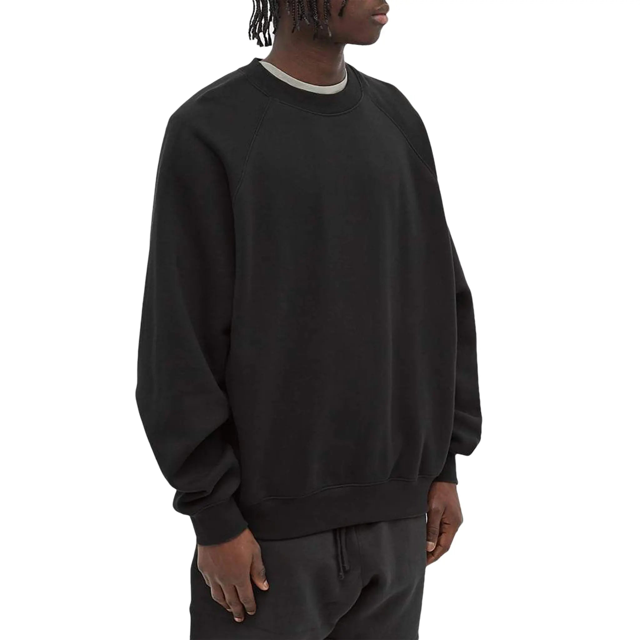 Model front view of Fear of God Essentials Black Crewneck (SS21)