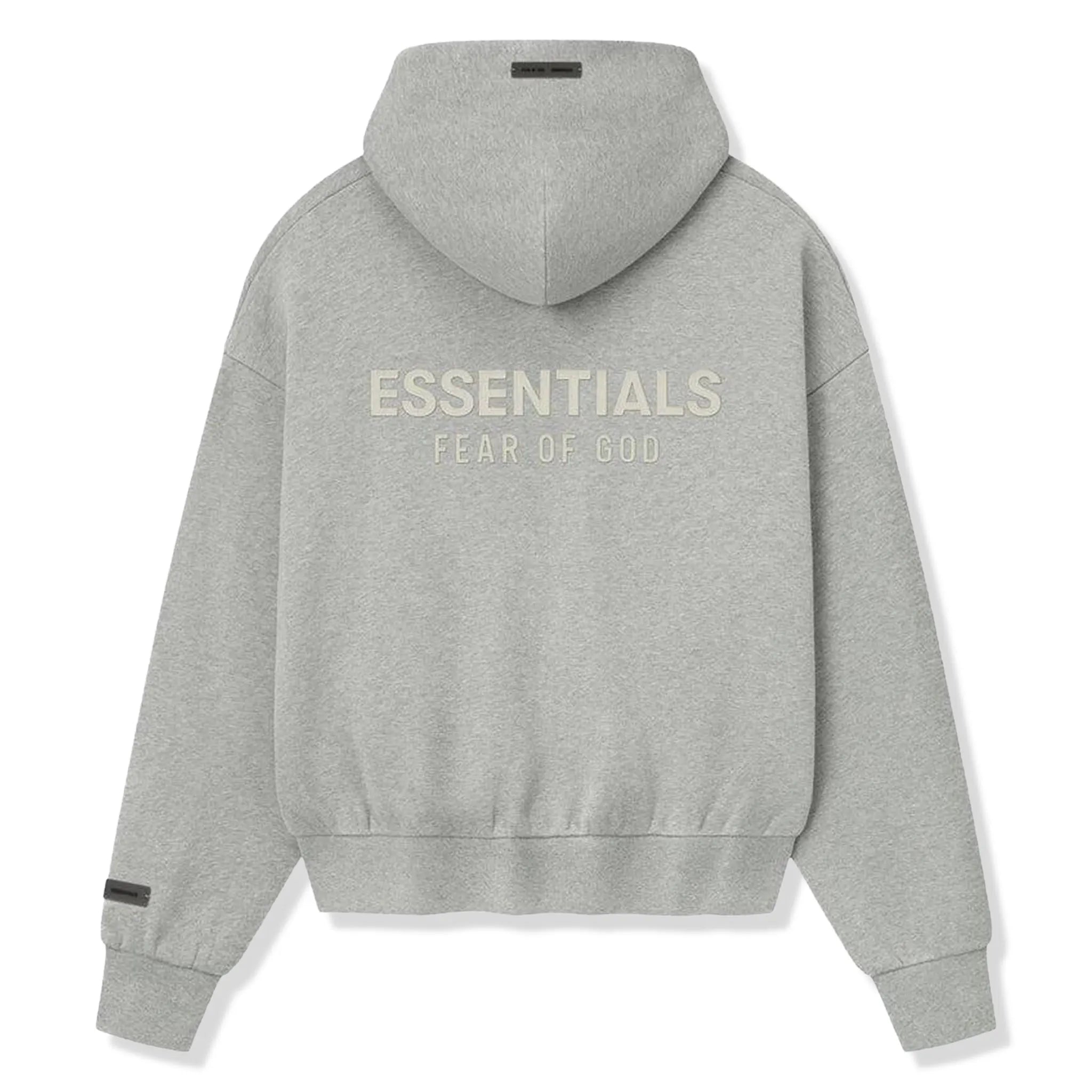 Back View of Fear Of God Essentials Classic Fleece Concrete Heather Zip-Up Hoodie (FW25)