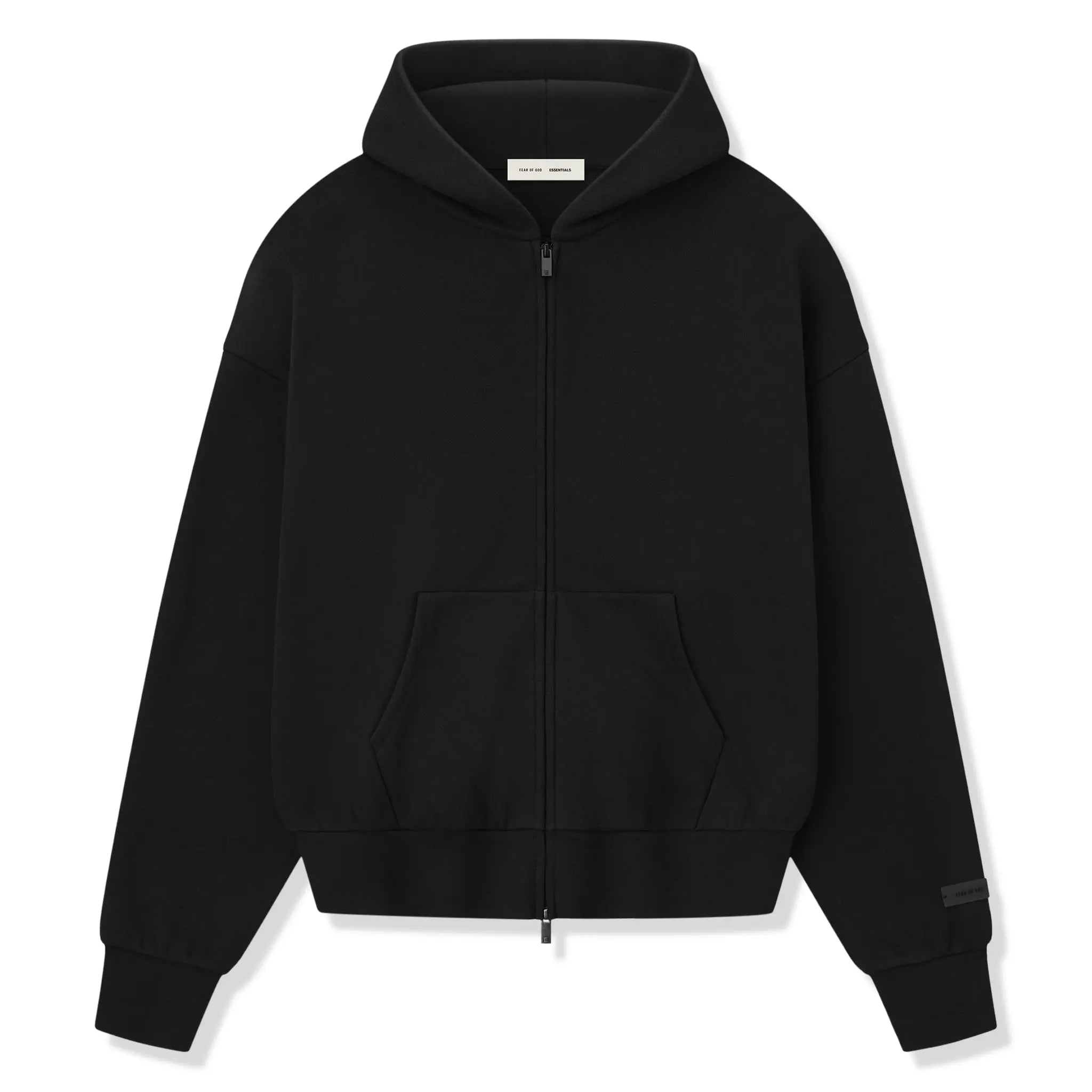 Front View of Fear Of God Essentials Classic Fleece Jet Black Metalic Zip-Up Hoodie (SS25) 192SP254780F