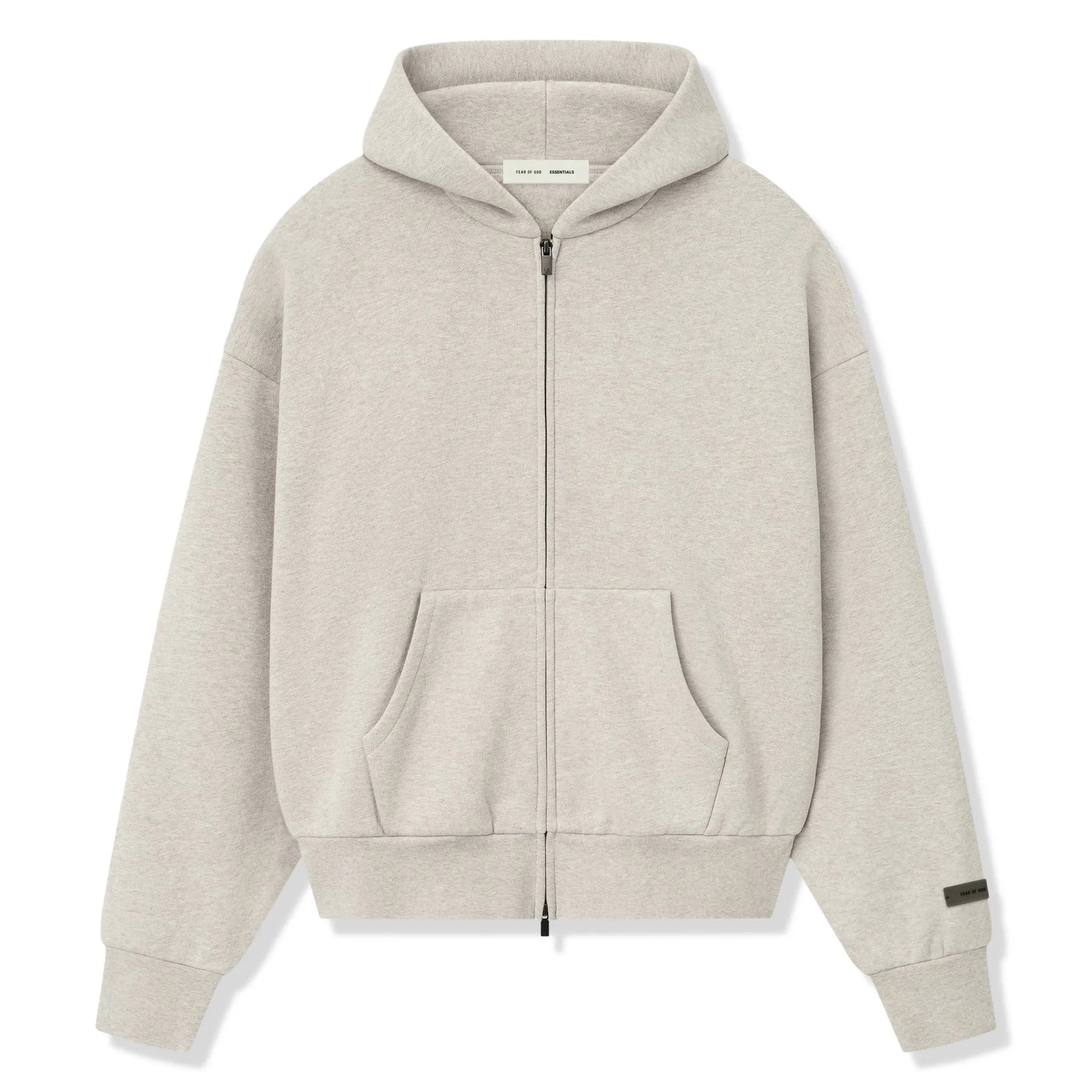 Front View of Fear Of God Essentials Classic Heather Stone Zip-Up Hoodie (SS25) 192SP254782F