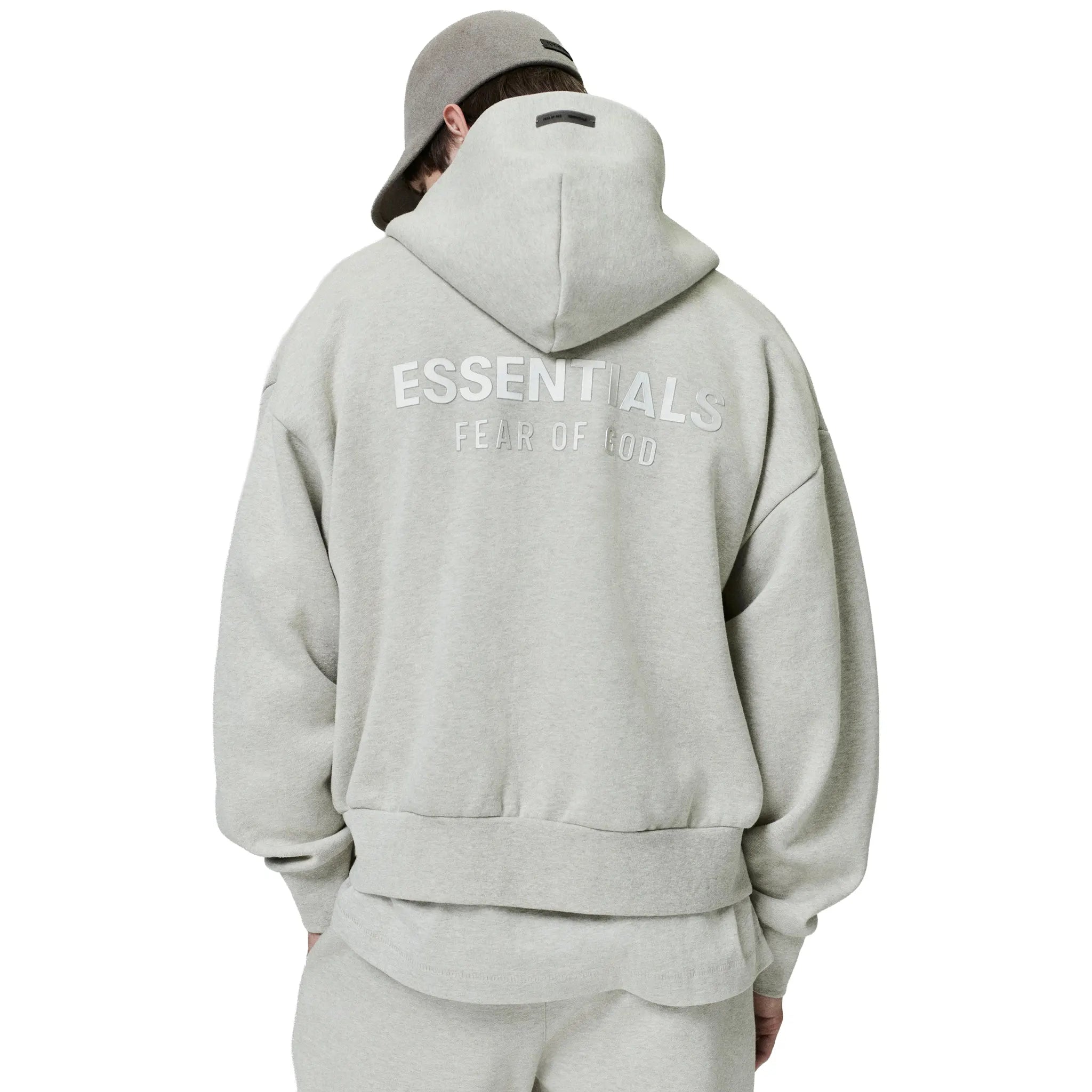 Back View of Fear Of God Essentials Classic Heather Stone Zip-Up Hoodie (SS25) 192SP254782F