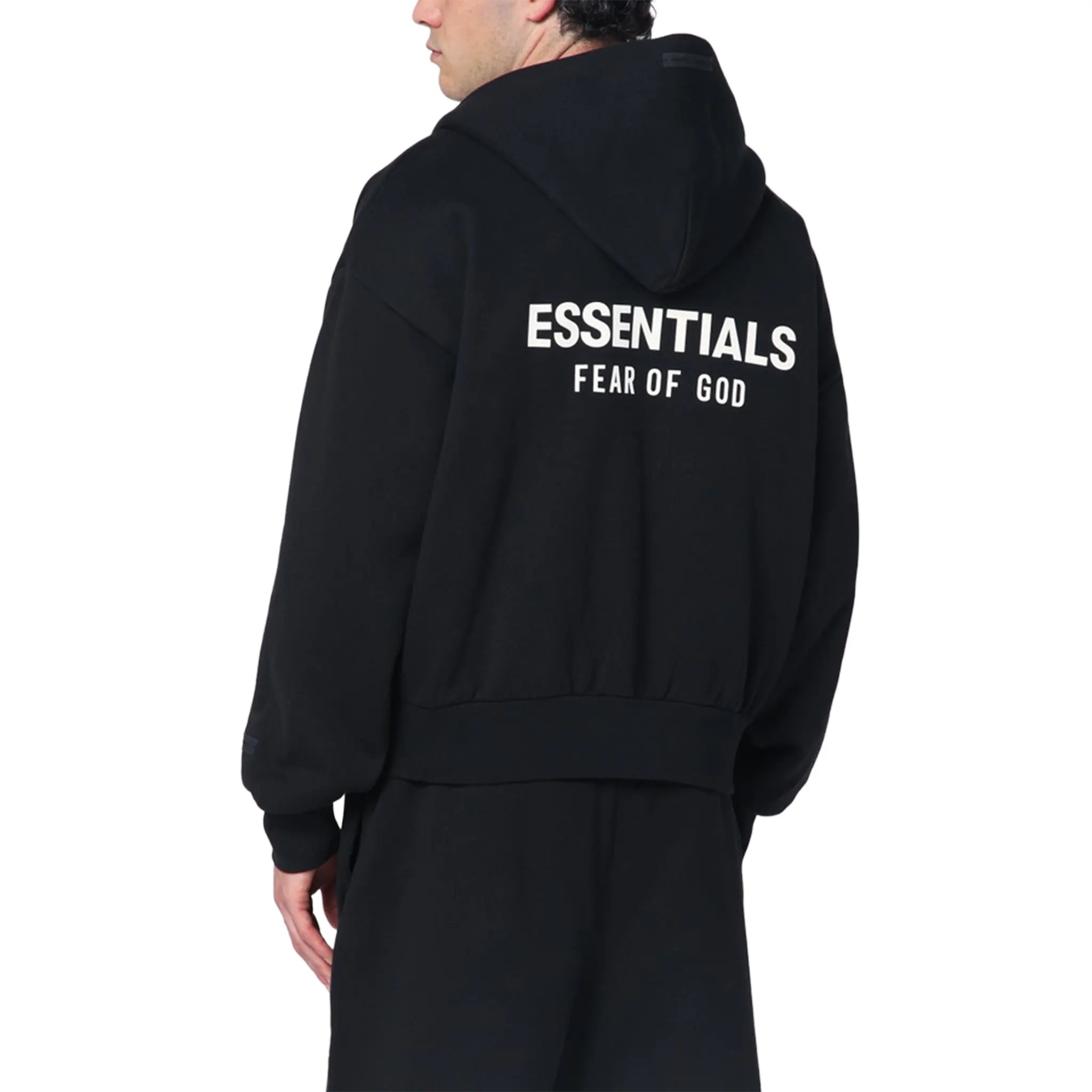 Back Side View of Fear Of God Essentials Classic Hood Black Zip-Up Hoodie (SS25) 192AS254780F