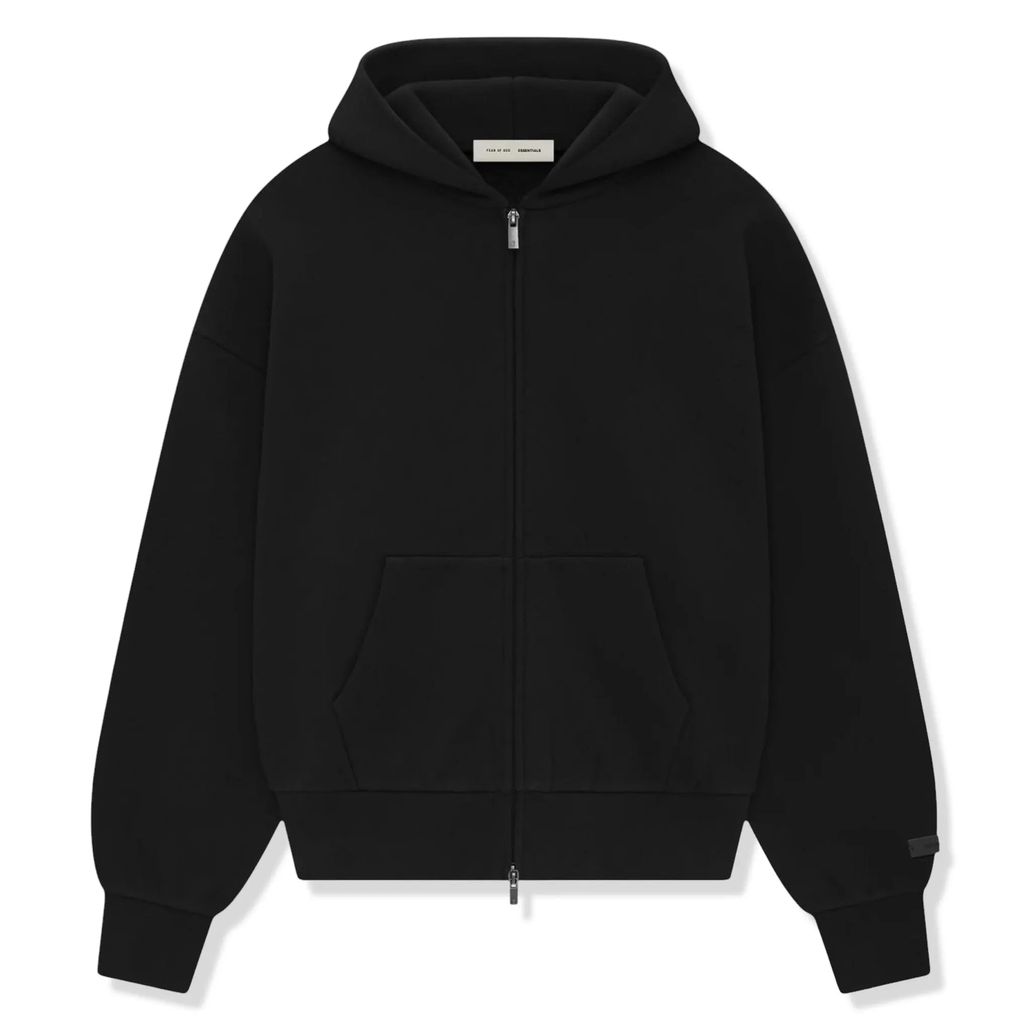 Front View of Fear Of God Essentials Classic Hood Black Zip-Up Hoodie (SS25) 192AS254780F
