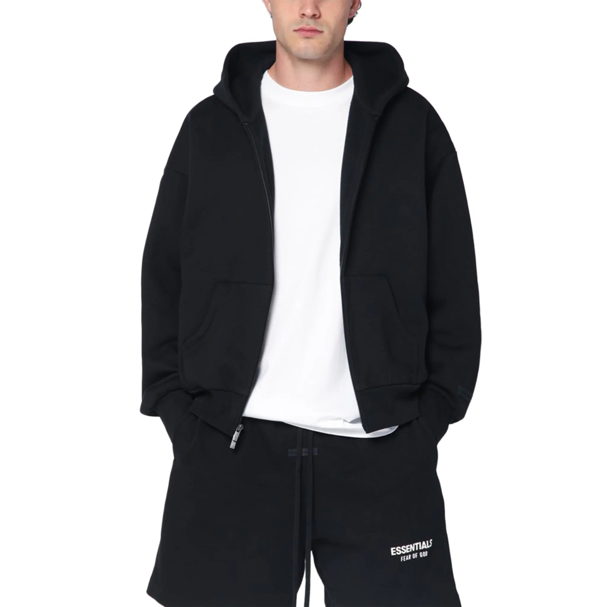 Front View of Fear Of God Essentials Classic Hood Black Zip-Up Hoodie (SS25) 192AS254780F