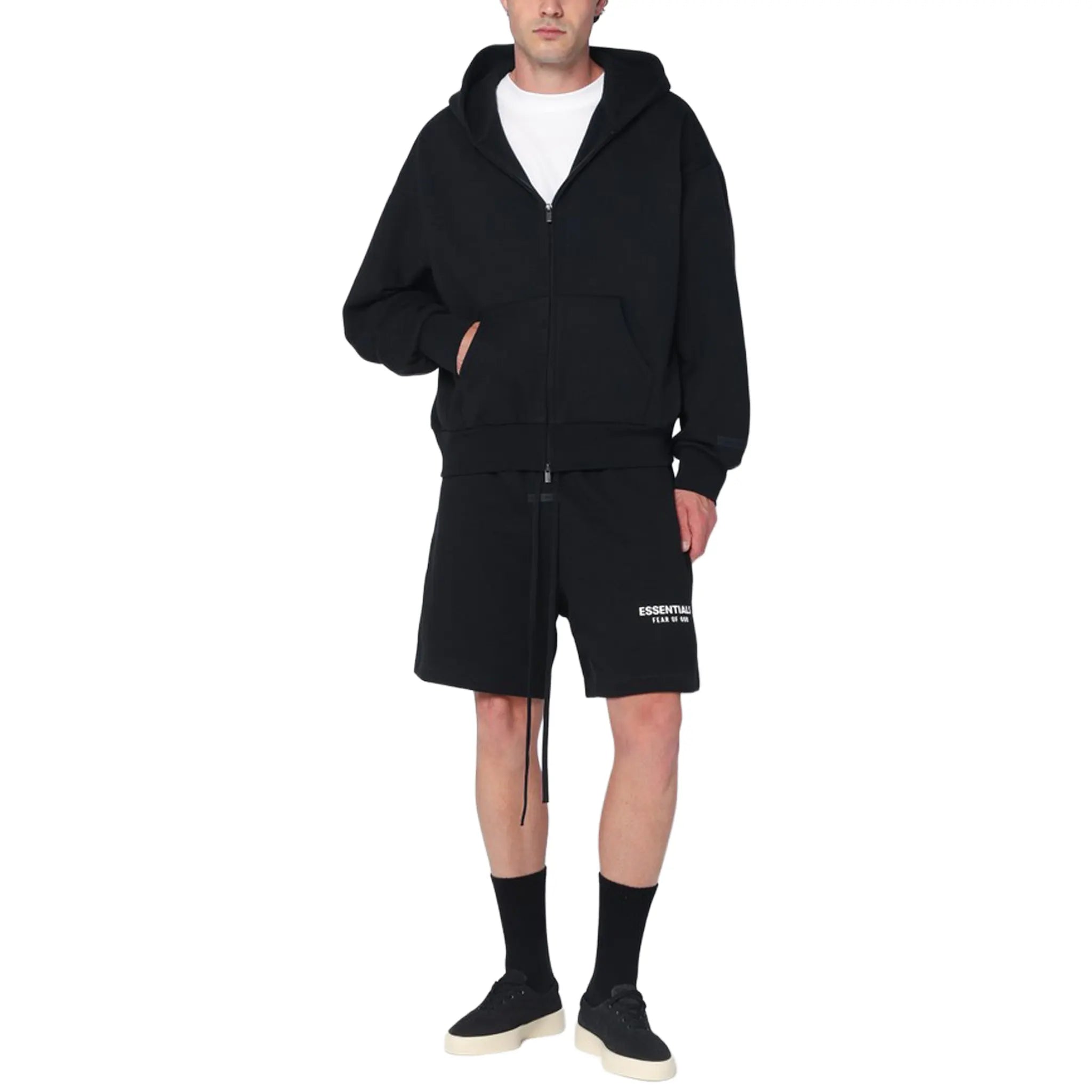 Model Front View of Fear Of God Essentials Classic Hood Black Zip-Up Hoodie (SS25) 192AS254780F