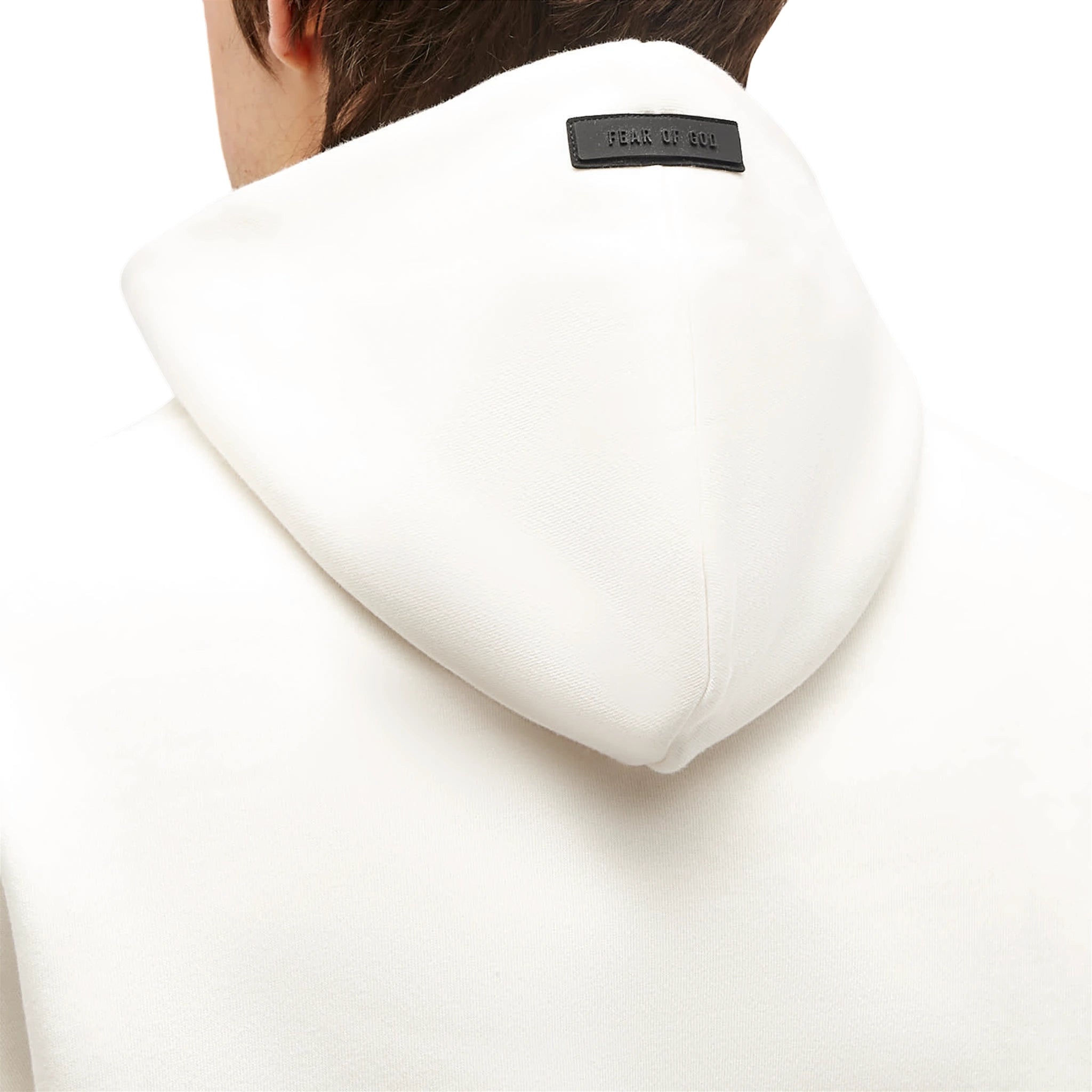 Back hood view of Fear Of God Essentials Cloud Dancer Hoodie