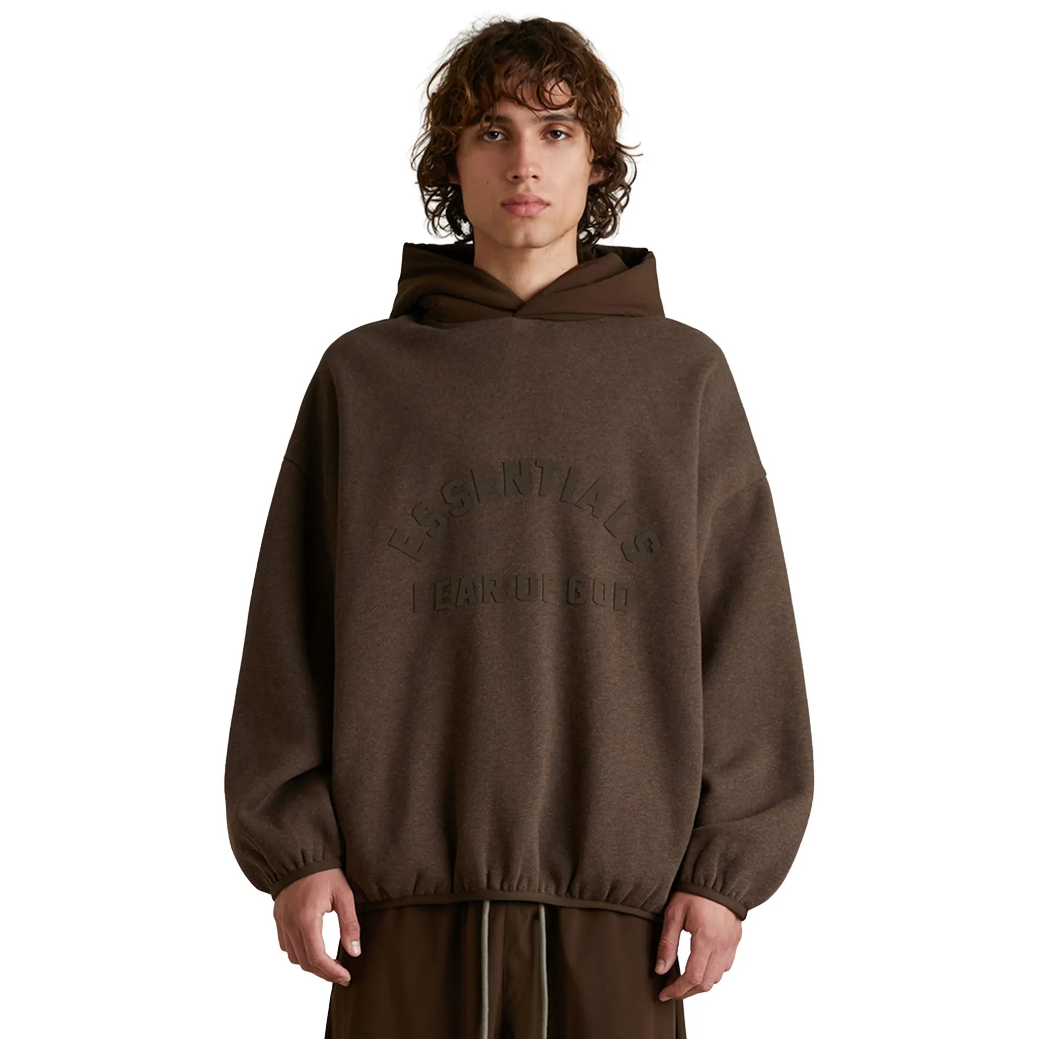 Model Front View of Fear Of God Essentials Core Collection Nylon Fleece Heather Wood Hoodie 192SU242052F