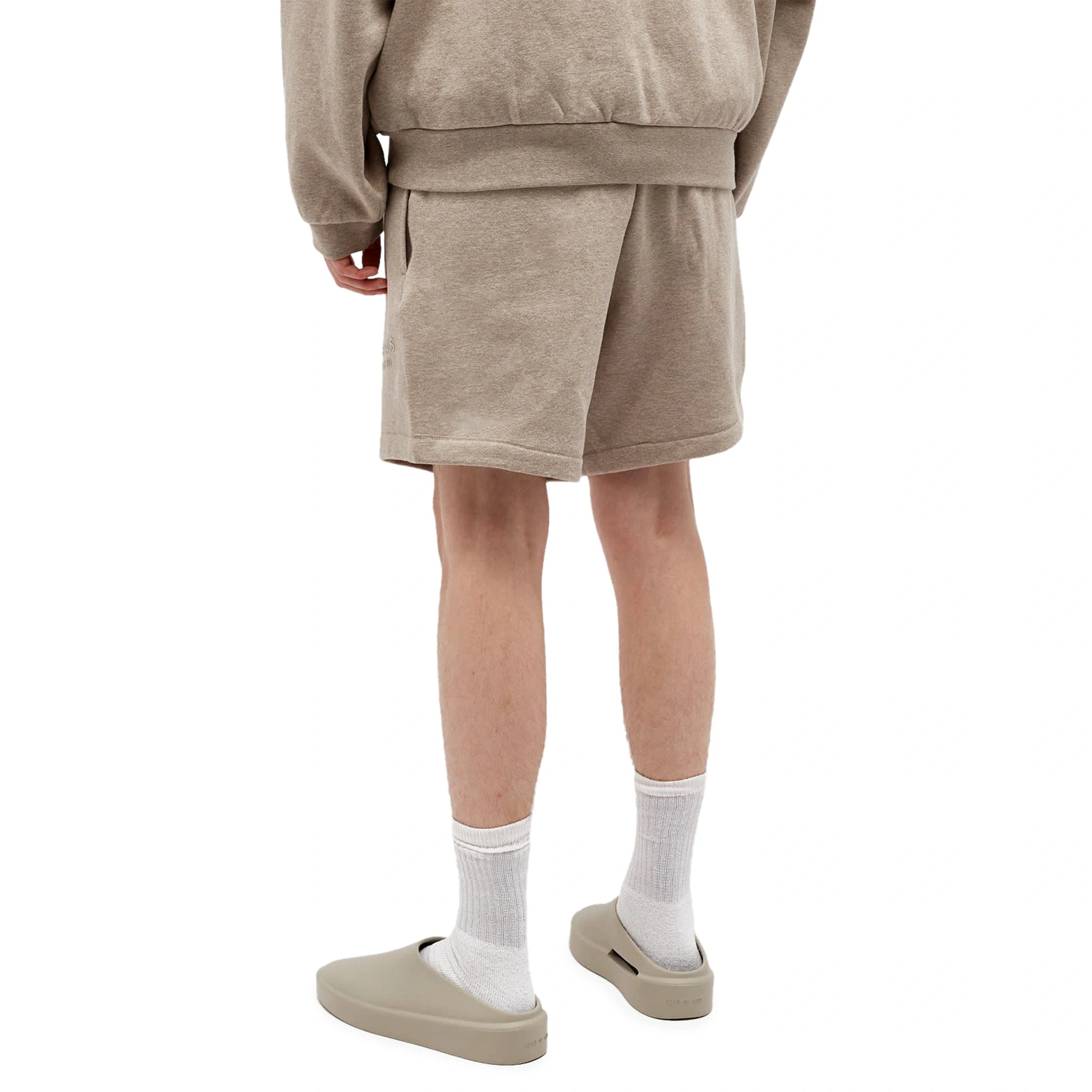 Model back view of Fear Of God Essentials Core Heather Shorts (FW23) 160BT232004F
