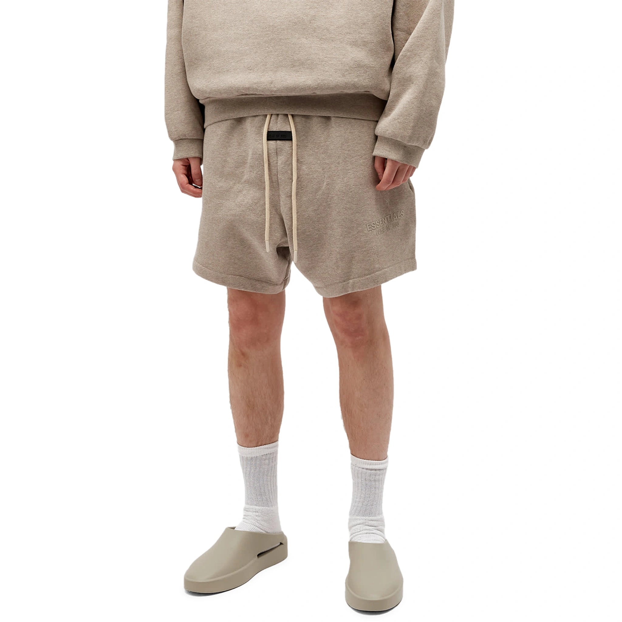 Model front view of Fear Of God Essentials Core Heather Shorts (FW23) 160BT232004F