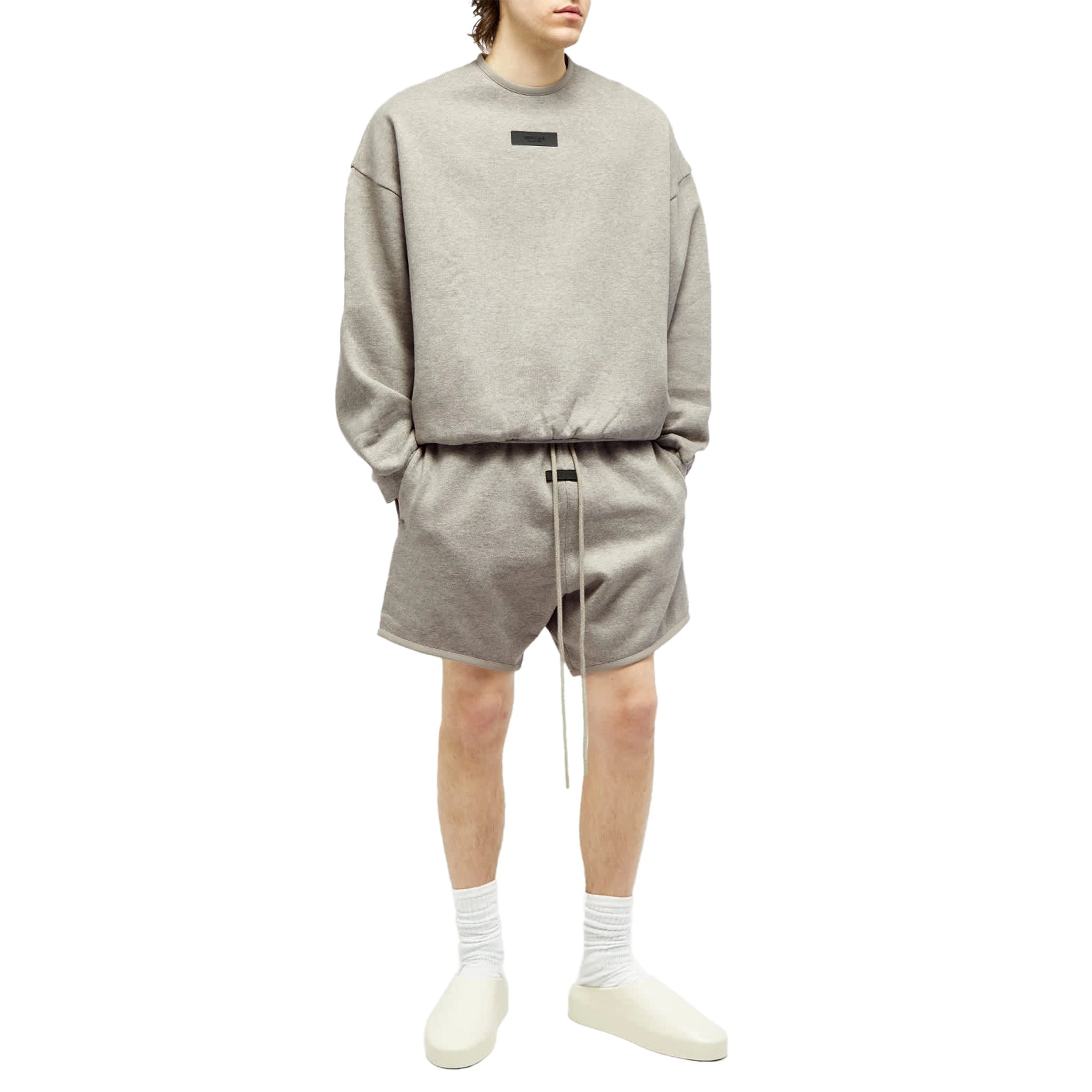 Model view of Fear Of God Essentials Dark Heather Oatmeal Crewneck (FW23) 192SP244683F