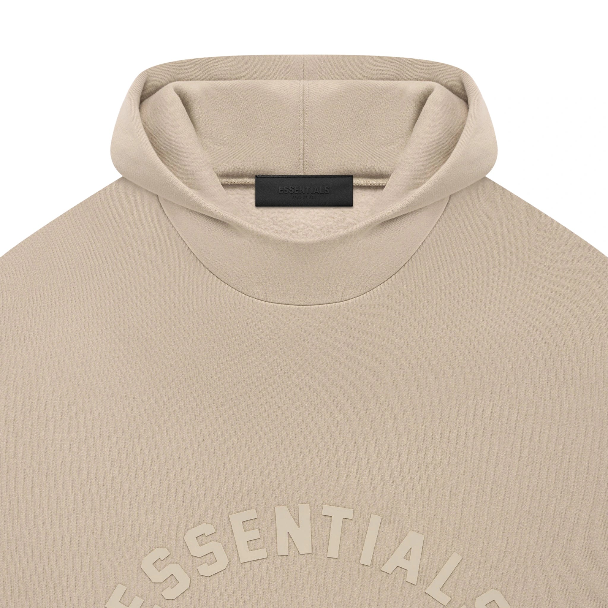Neck view of Fear Of God Essentials Dusty Beige Hoodie (FW23) 192SP232055F
