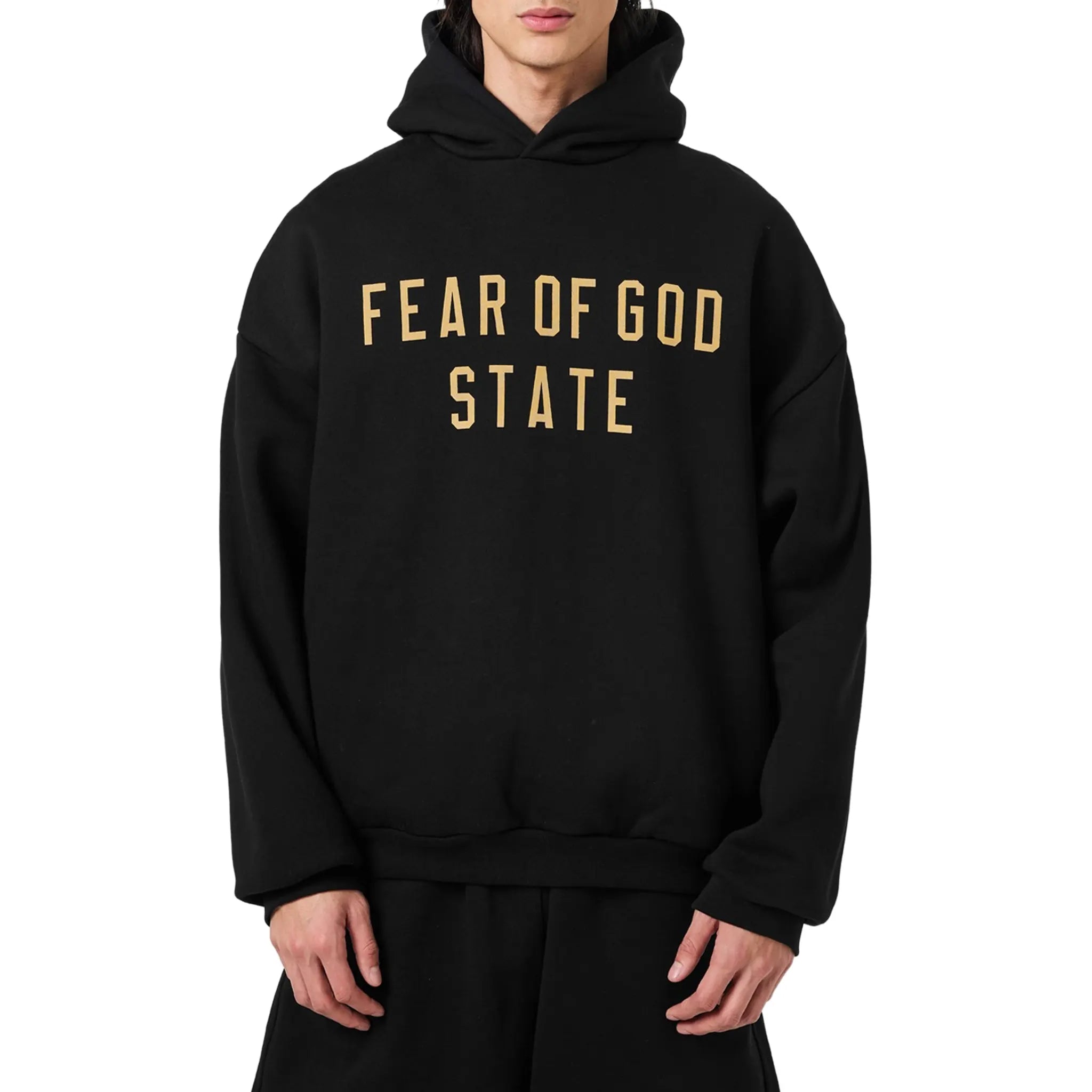 Front View of Fear Of God Essentials Fleece Black Hoodie (FW24) 192BT246250F