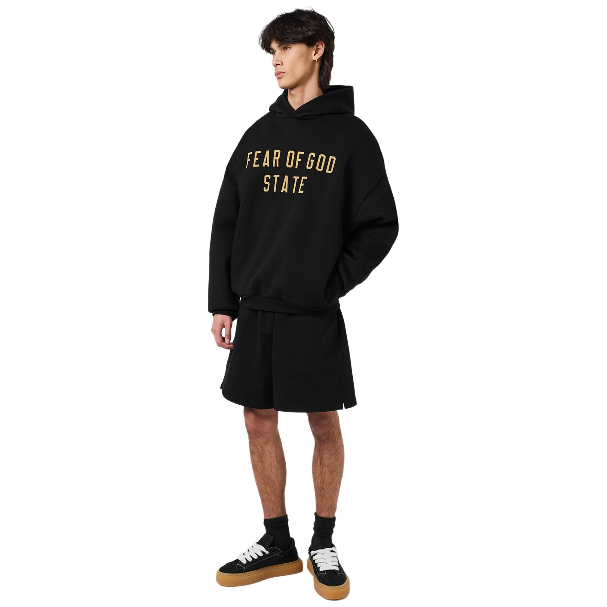 Model View of Fear Of God Essentials Fleece Black Hoodie (FW24) 192BT246250F