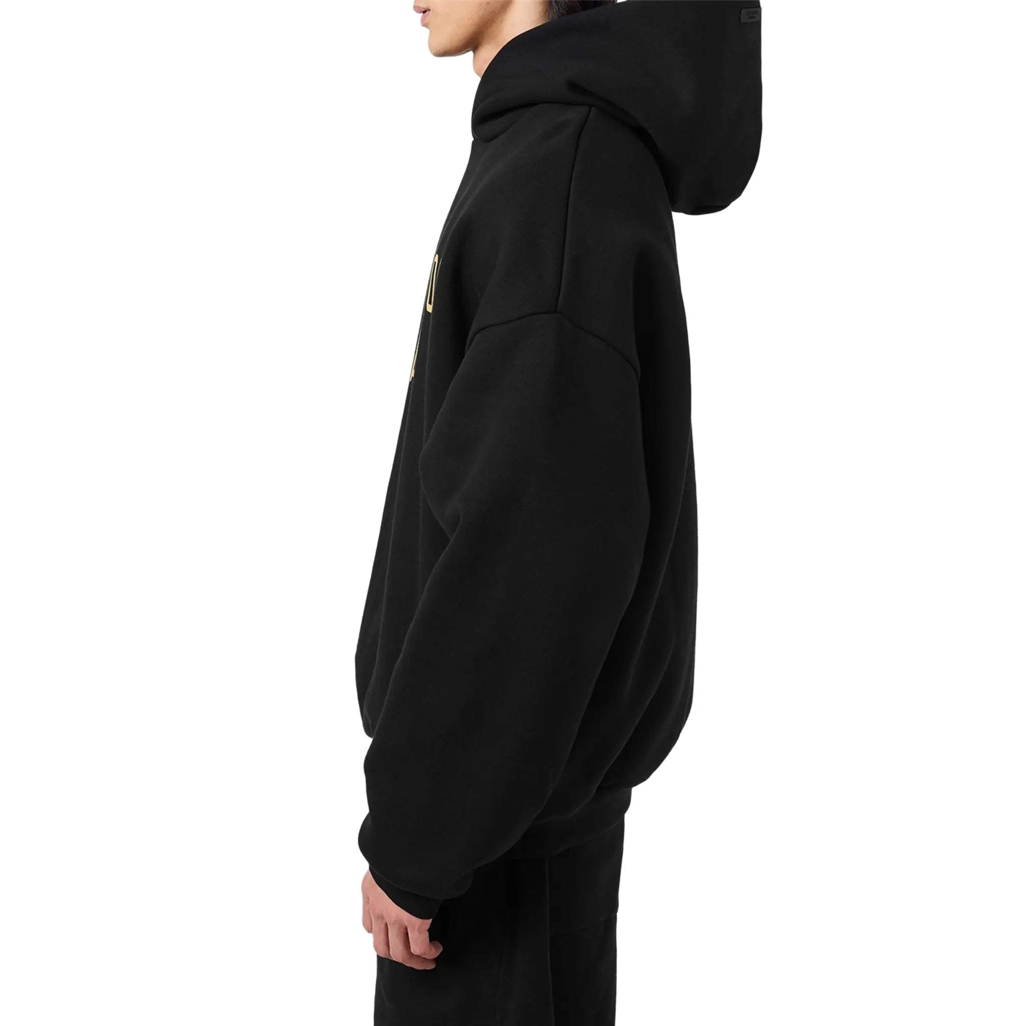 Side View of Fear Of God Essentials Fleece Black Hoodie (FW24) 192BT246250F
