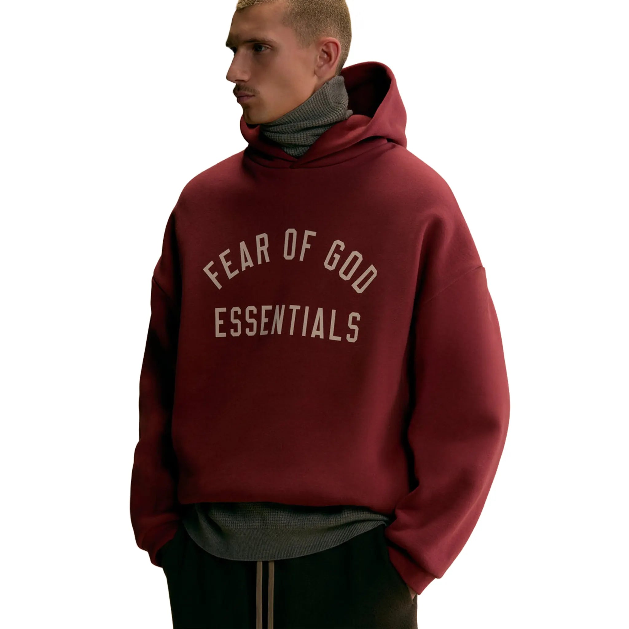 Model Front Side View of Fear Of God Essentials Fleece Crimson Hoodie (FW24) 192HO246256F