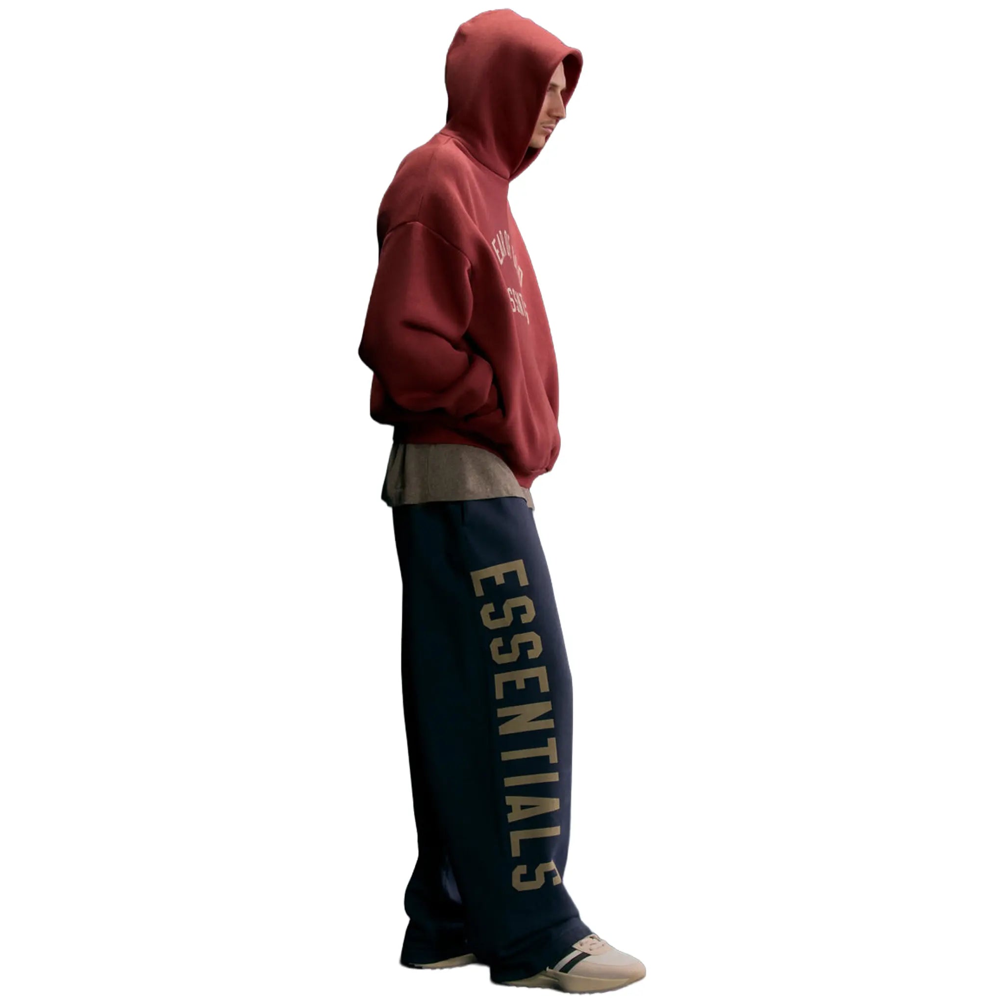 Model Side View of Fear Of God Essentials Fleece Crimson Hoodie (FW24) 192HO246256F