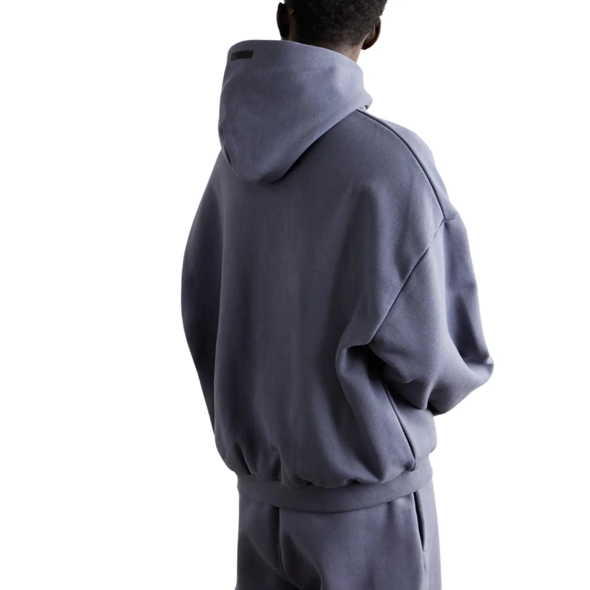 Model Back View of Fear Of God Essentials Fleece Marine Hoodie (FW24) 192HO246254F