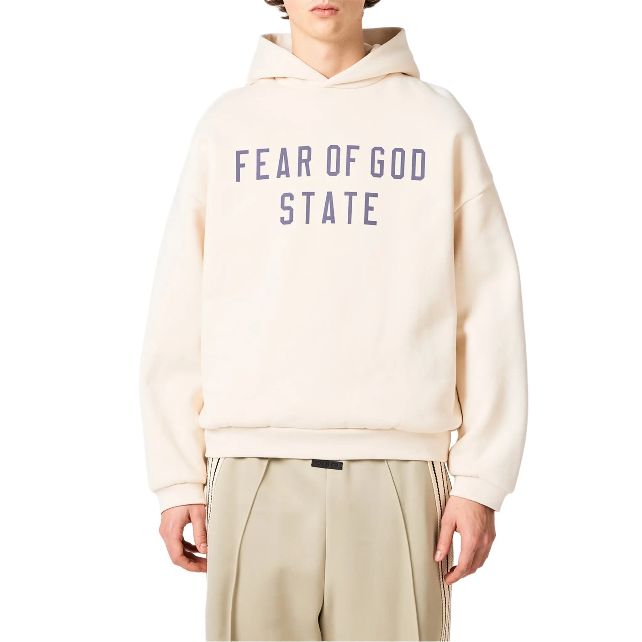 Model View of Fear Of God Essentials Fleece Shell White Hoodie (FW24) 192BT246252F