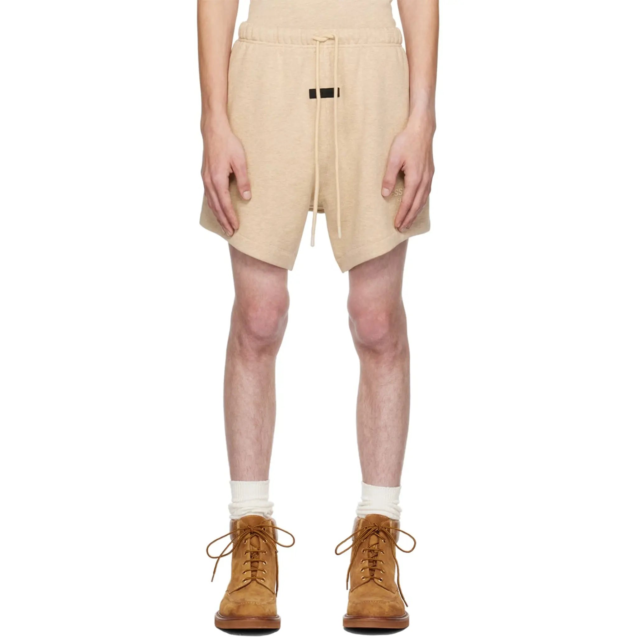 Front detail view of Fear Of God Essentials Gold Heather Shorts (FW23) 160bt232003f