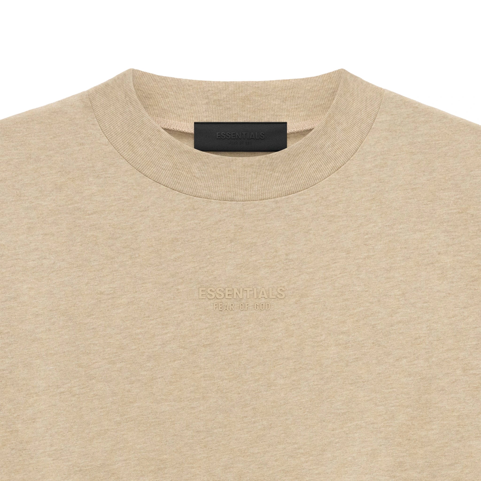Neck view of Fear Of God Essentials Gold Heather T Shirt (FW23) 125BT232003F