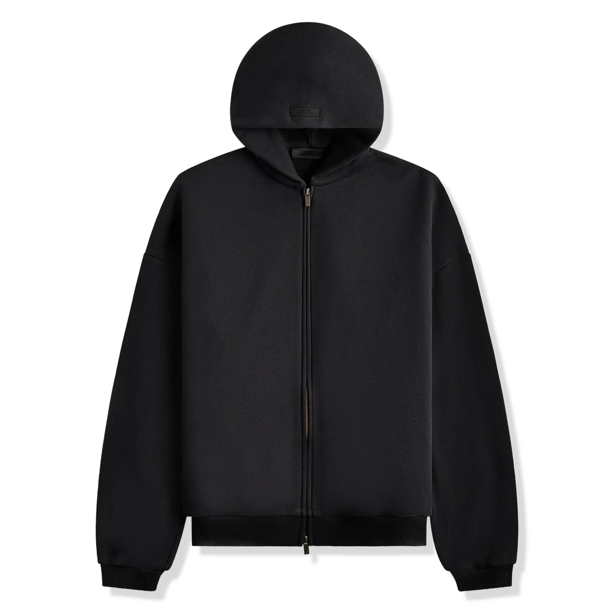 Front View of Fear Of God Essentials Heavy Fleece Black Zip-Up Hoodie (FW24) 192BT246240F