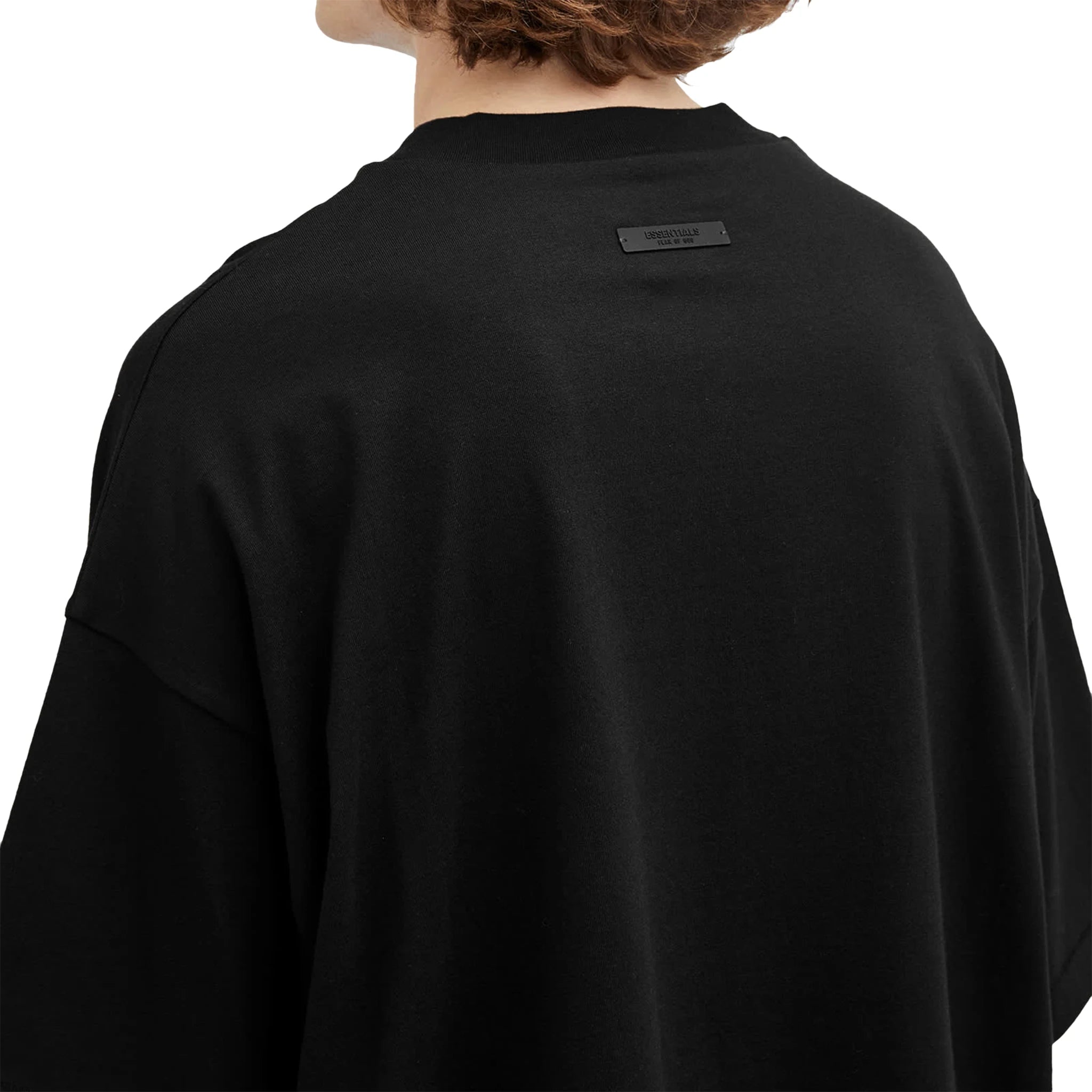 Model back detail view of Fear Of God Essentials Jersey Crewneck Black T Shirt (FW24)