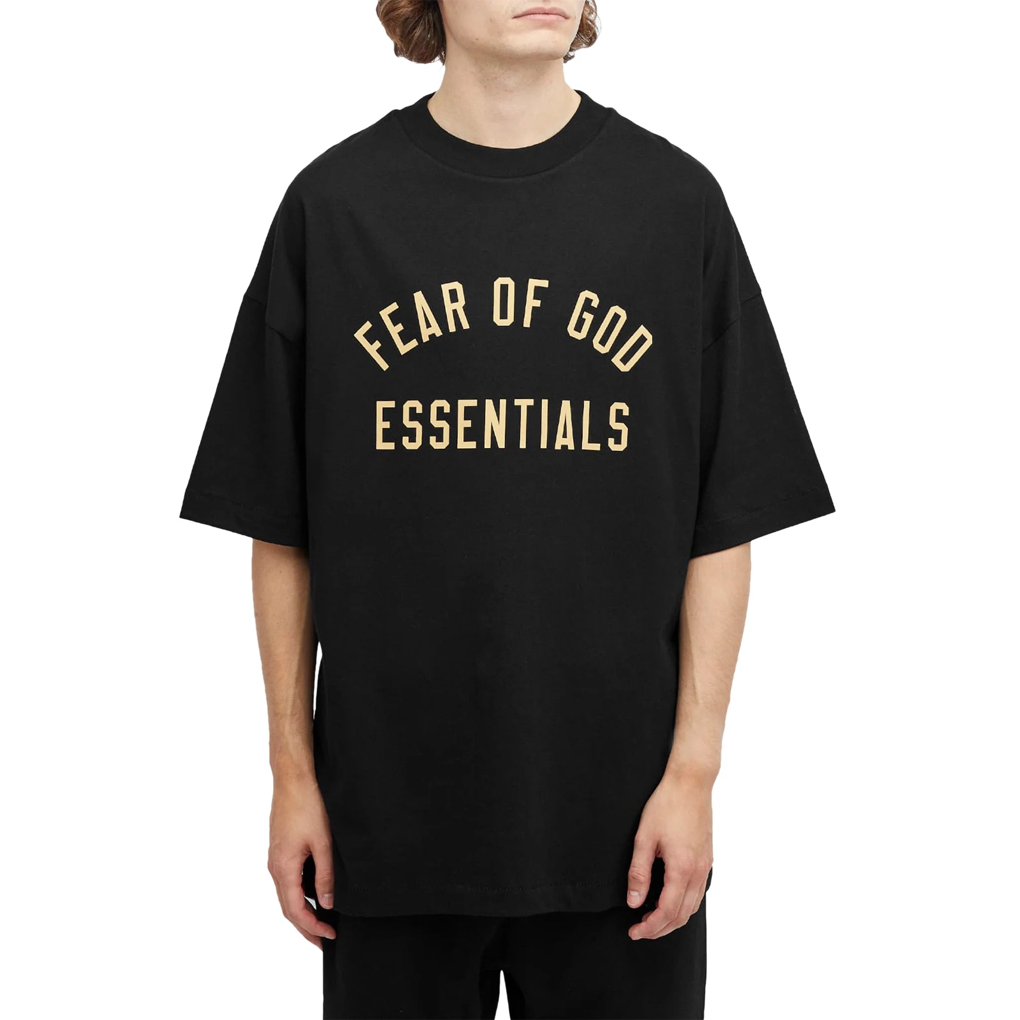 Model front view of Fear Of God Essentials Jersey Crewneck Black T Shirt (FW24)