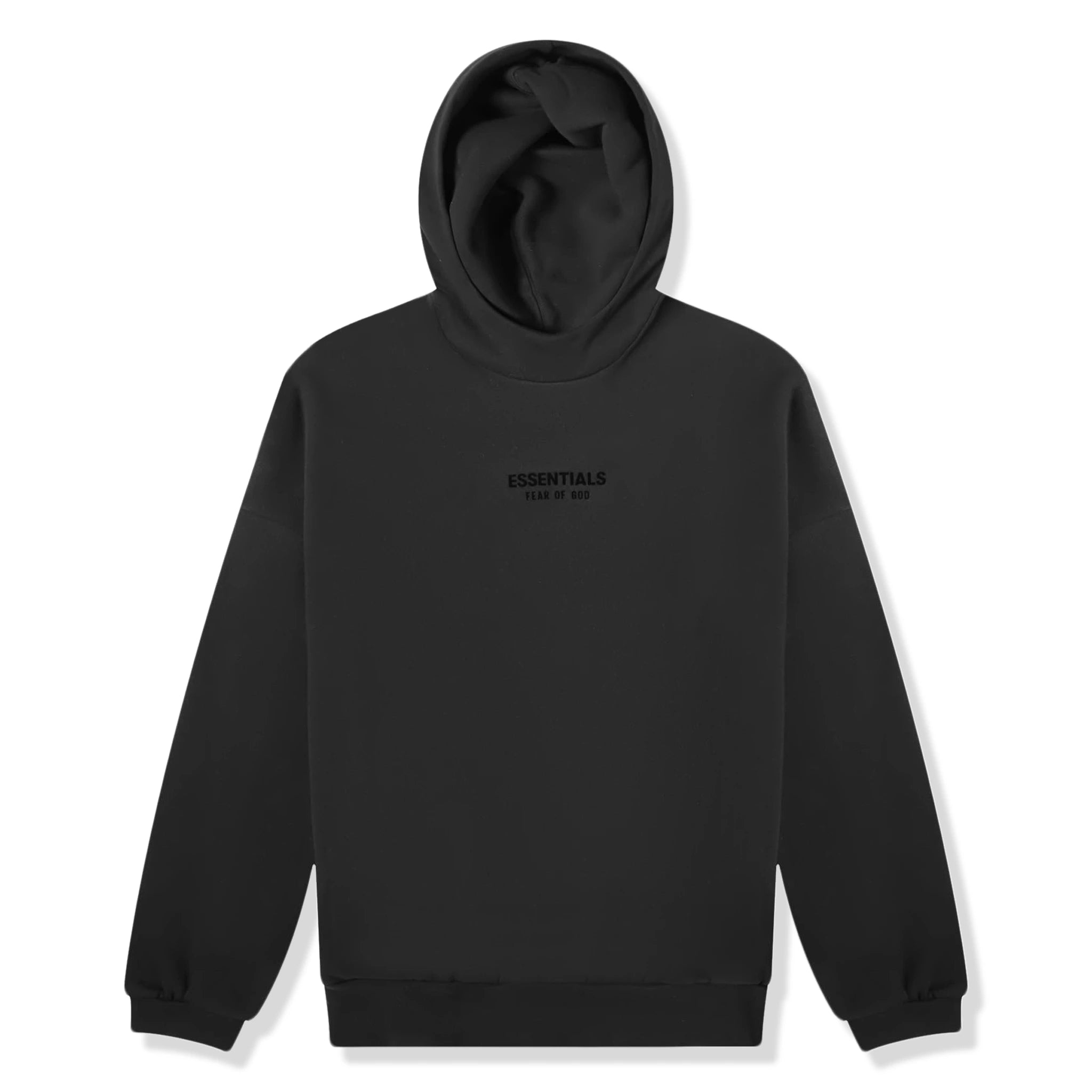 Front view of Fear Of God Essentials Jet Black Hoodie (FW23)